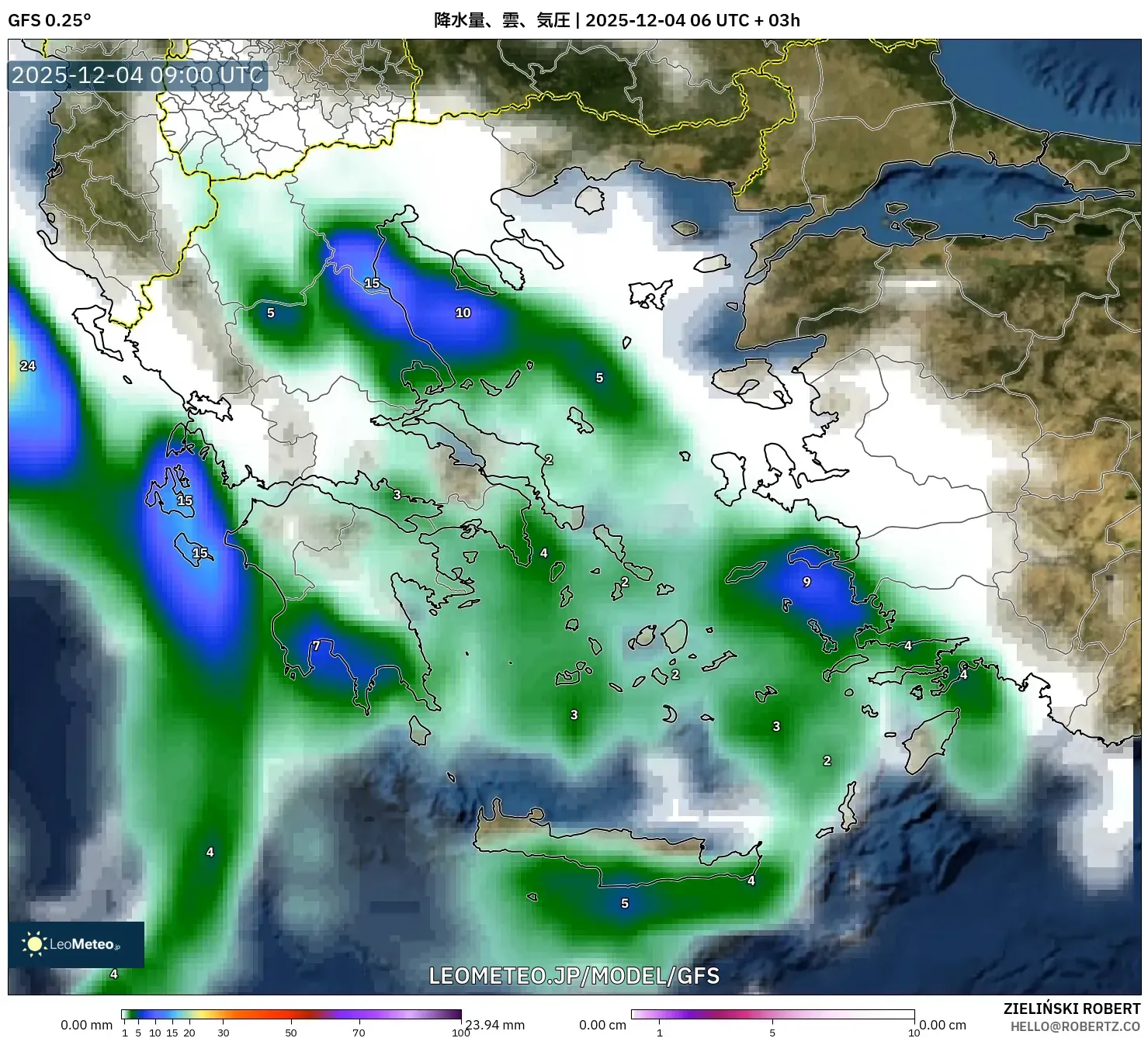 GFS model - ギリシャ, 降水量、雲、気圧