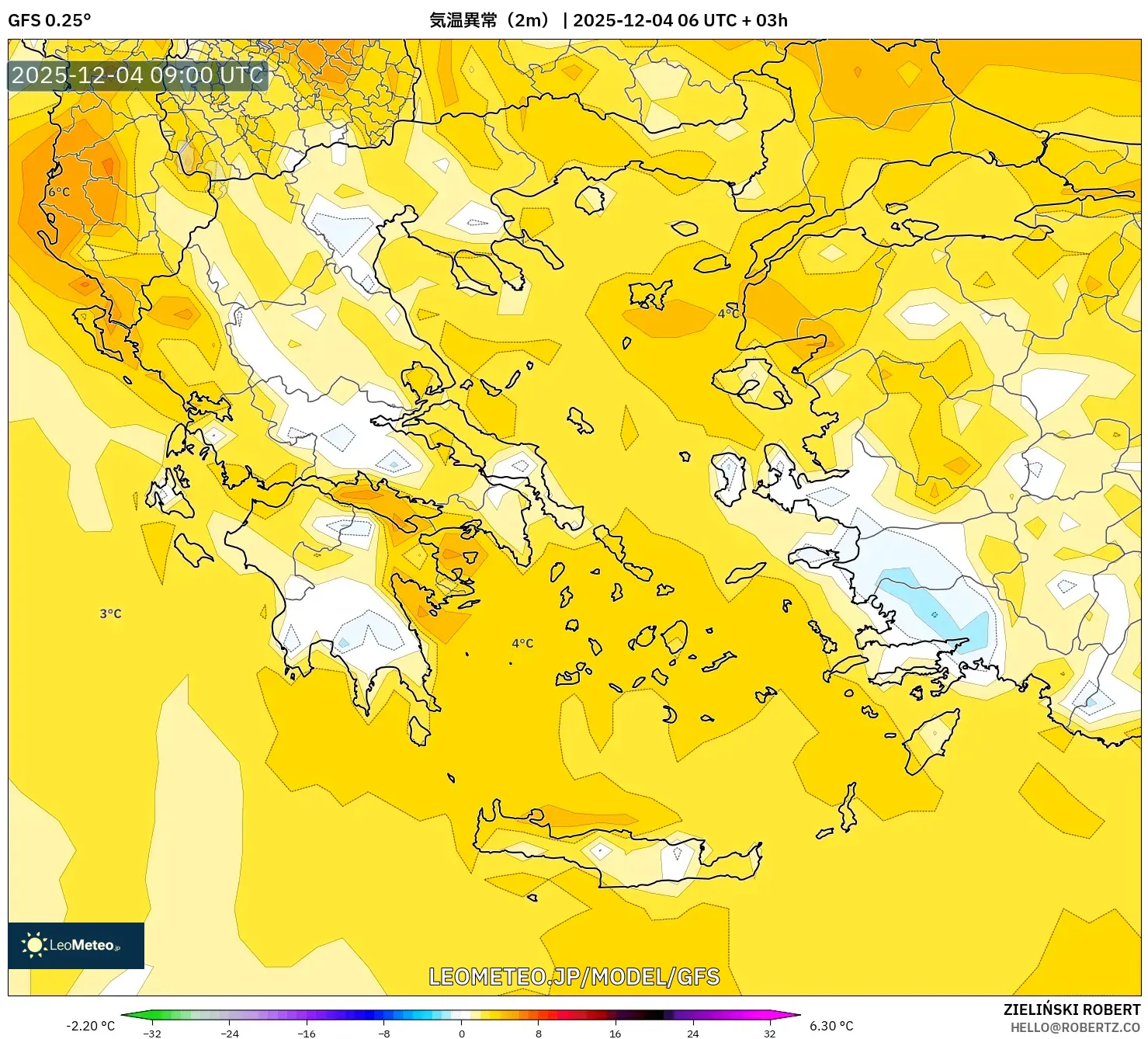 GFS model - ギリシャ, 気温異常（2m）