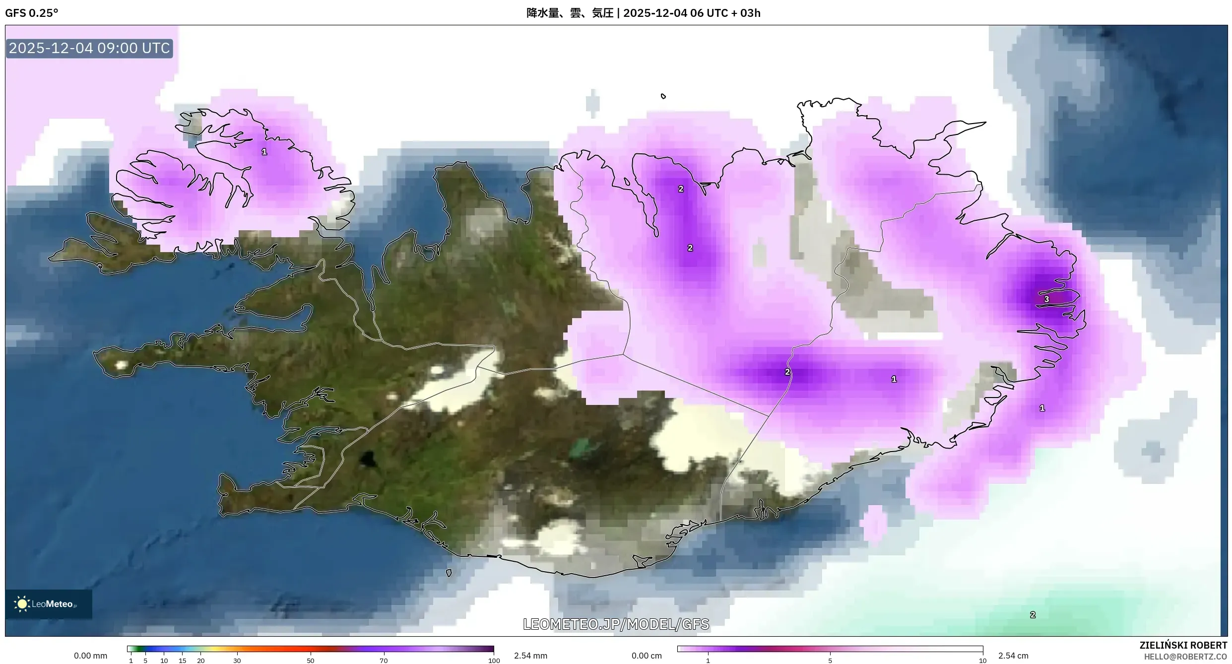 GFS model - アイスランド, 降水量、雲、気圧