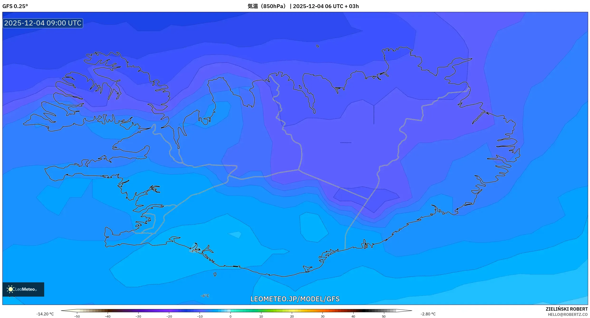 GFS model - アイスランド, 気温（850hPa）