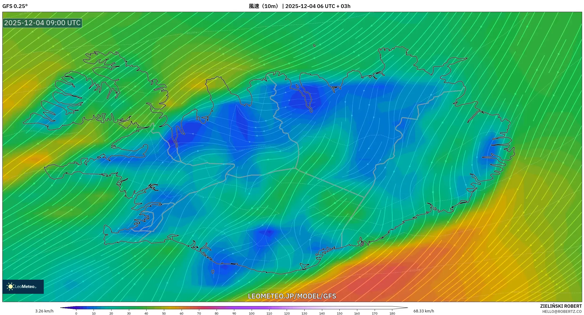 GFS model - アイスランド, 風速（10m）