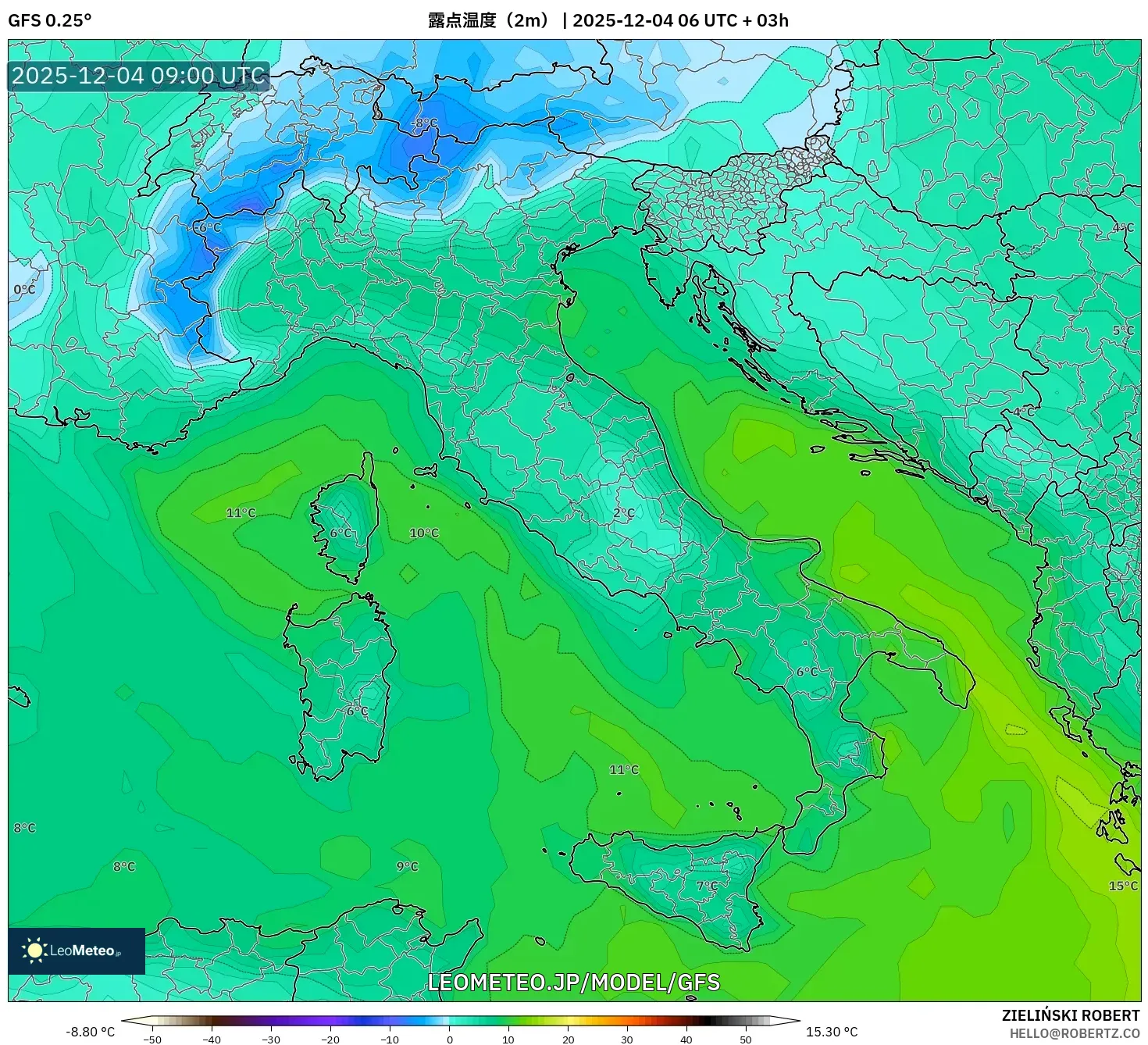 GFS model - イタリア, 露点温度（2m）