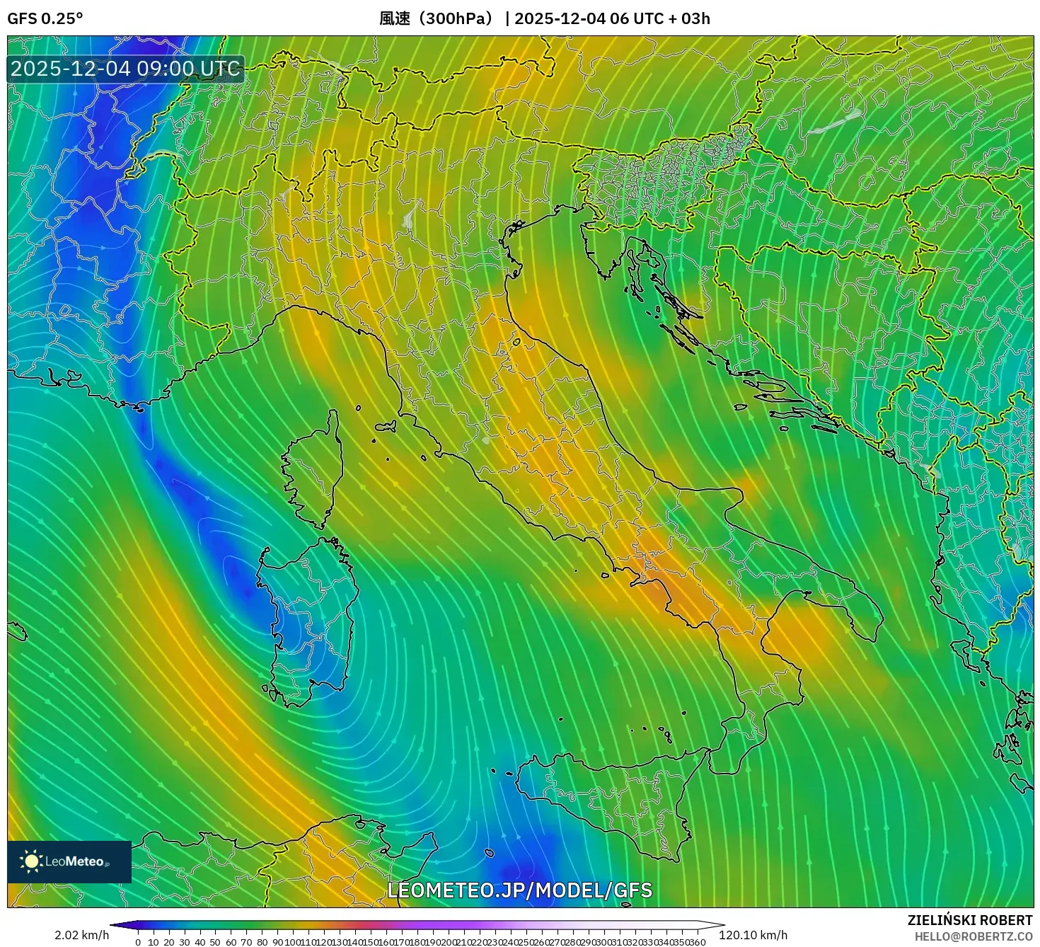 GFS model - イタリア, 風速（300hPa）