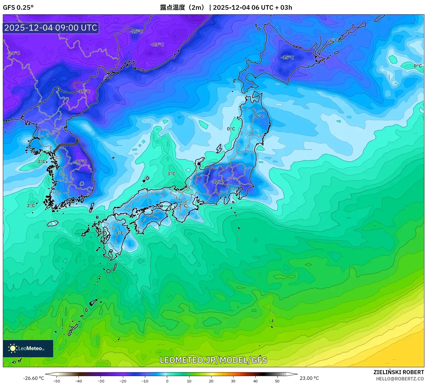 GFS model - 日本, 露点温度（2m）
