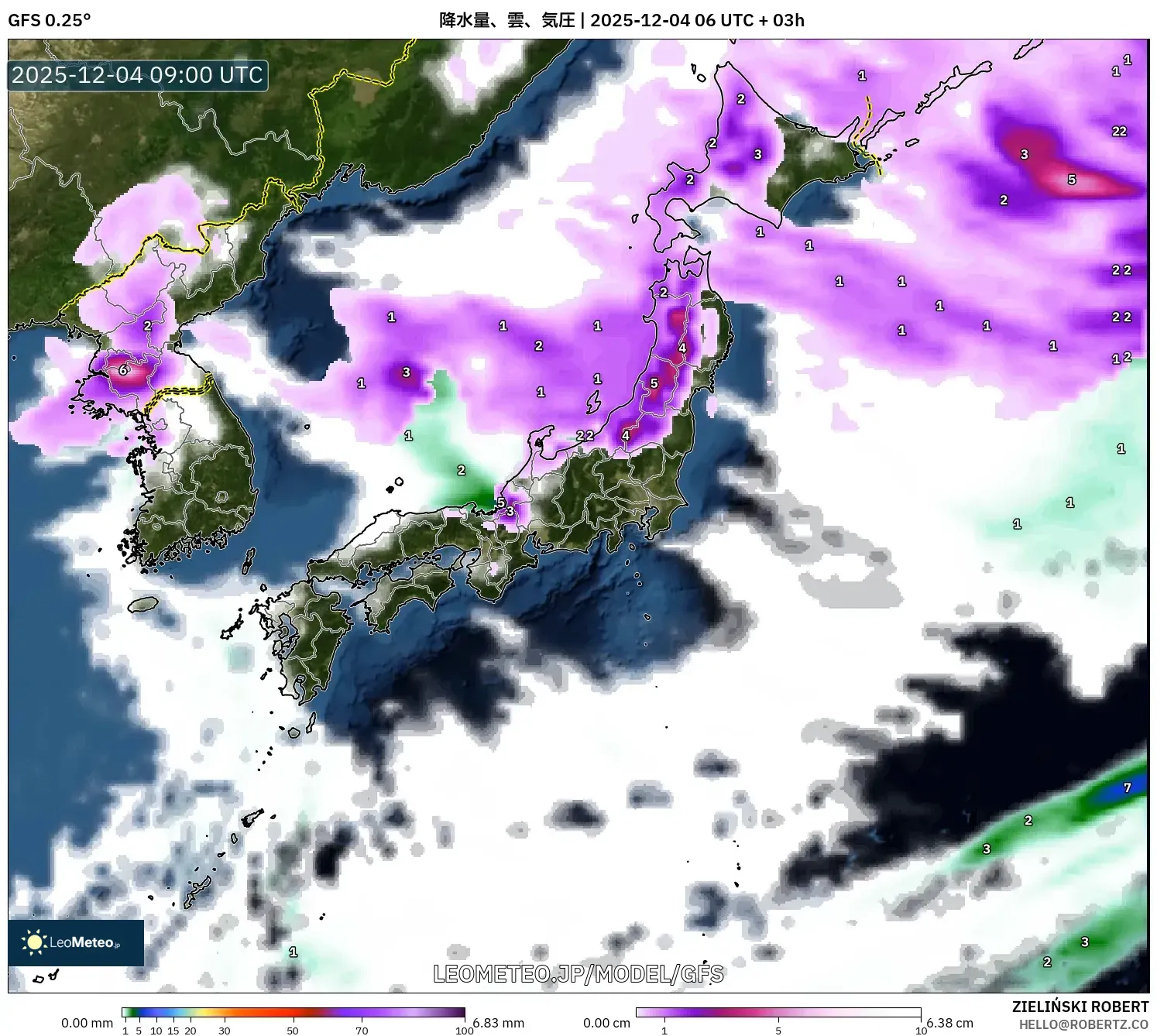 GFS model - 日本, 降水量、雲、気圧