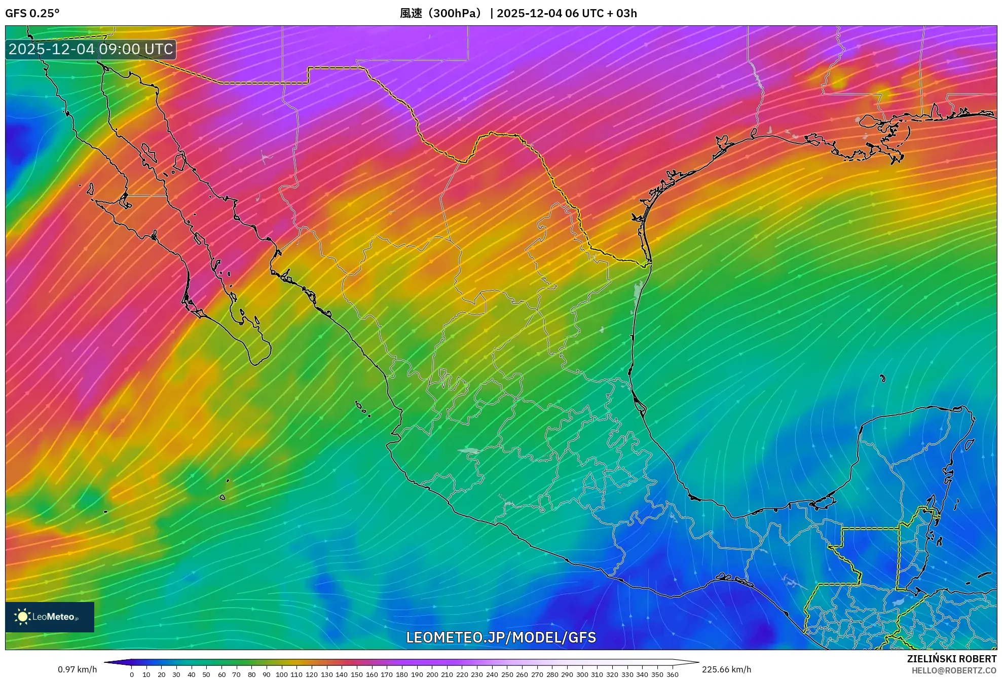 GFS model - メキシコ, 風速（300hPa）