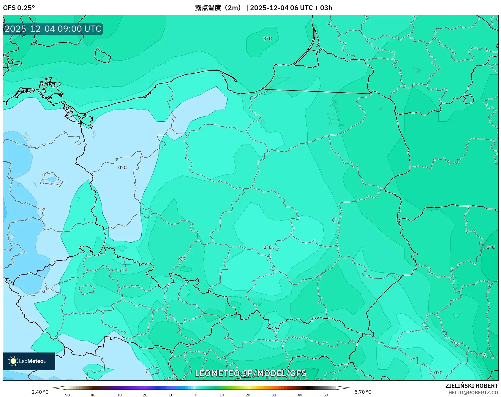 GFS model - ポーランド, 露点温度（2m）