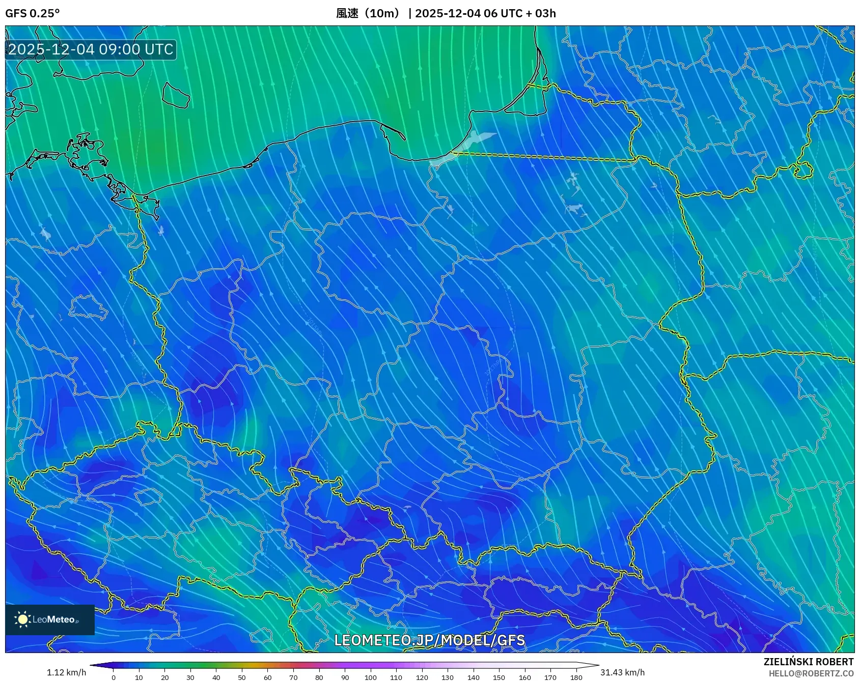 GFS model - ポーランド, 風速（10m）
