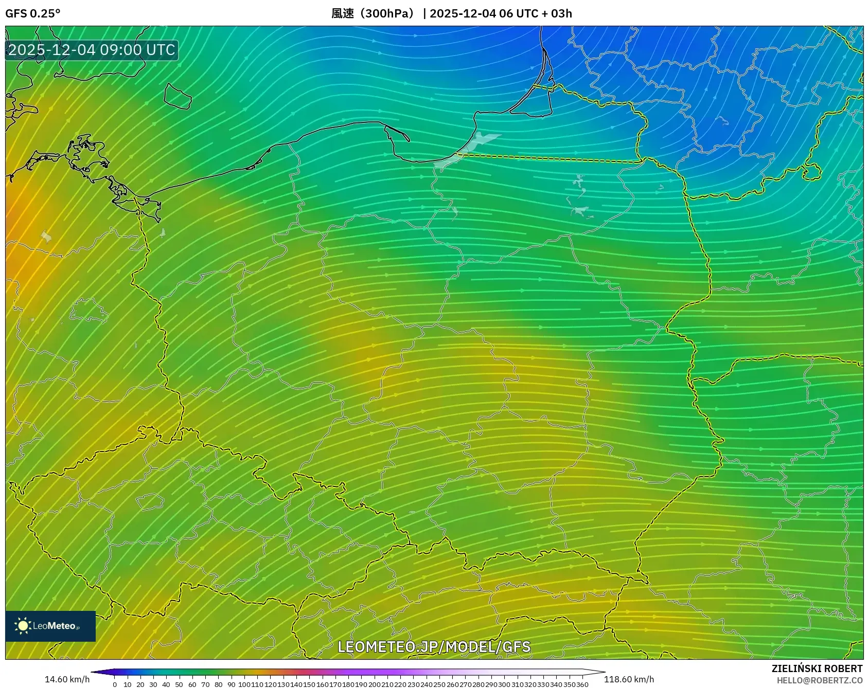 GFS model - ポーランド, 風速（300hPa）