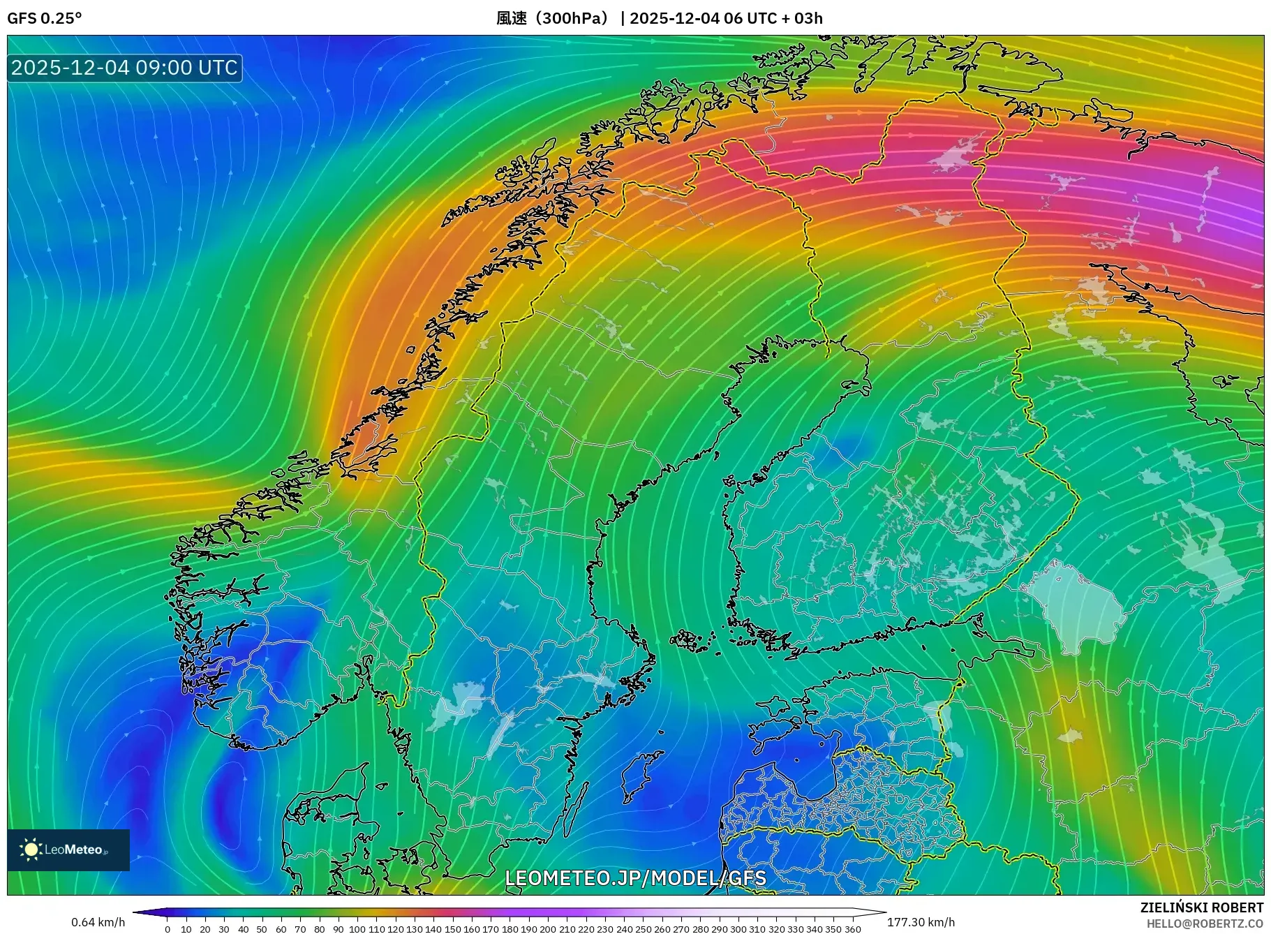 GFS model - スカンジナビア, 風速（300hPa）