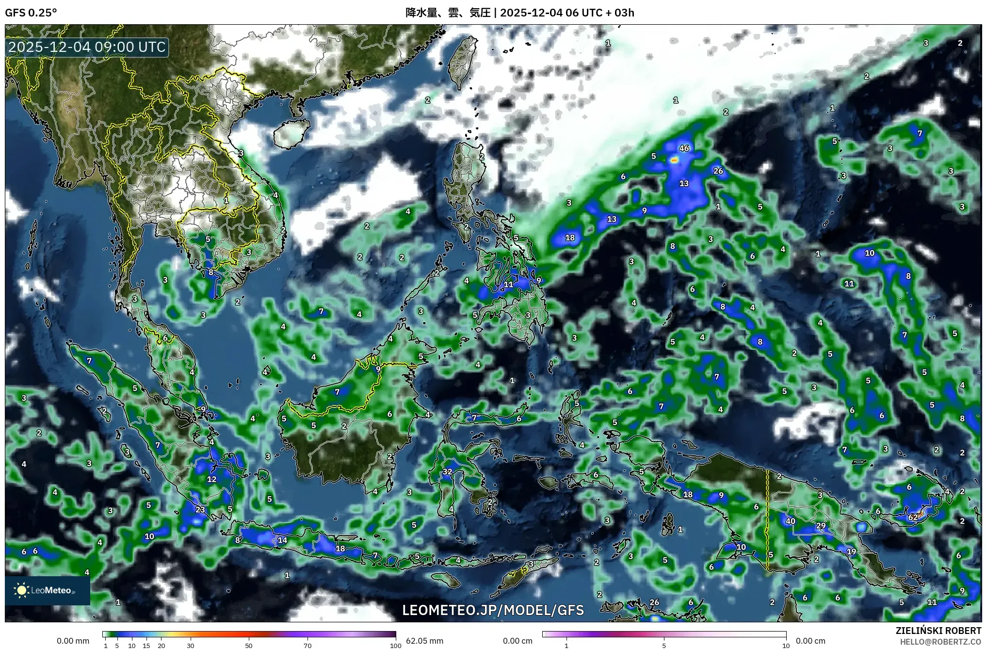GFS model - 東南アジア, 降水量、雲、気圧