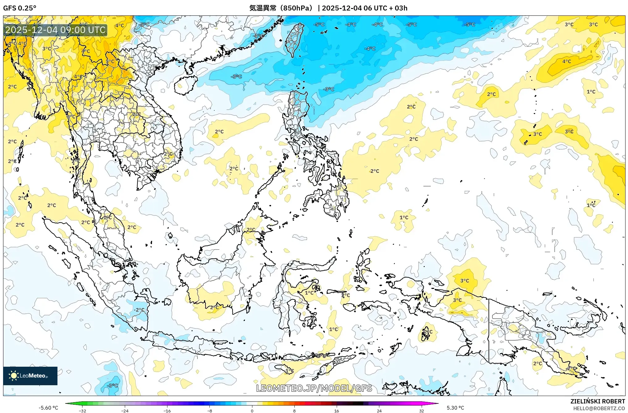 GFS model - 東南アジア, 気温異常（850hPa）