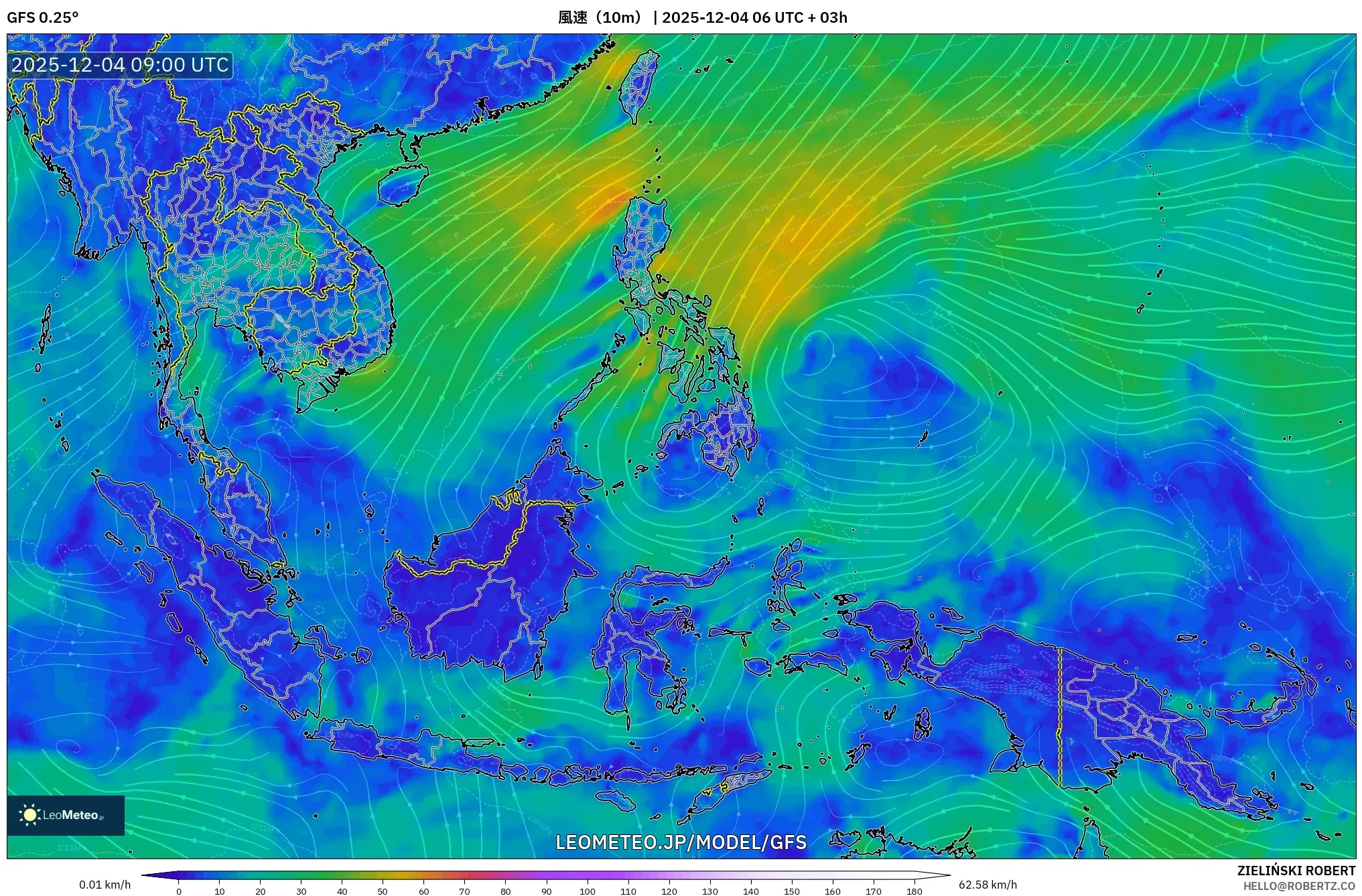 GFS model - 東南アジア, 風速（10m）