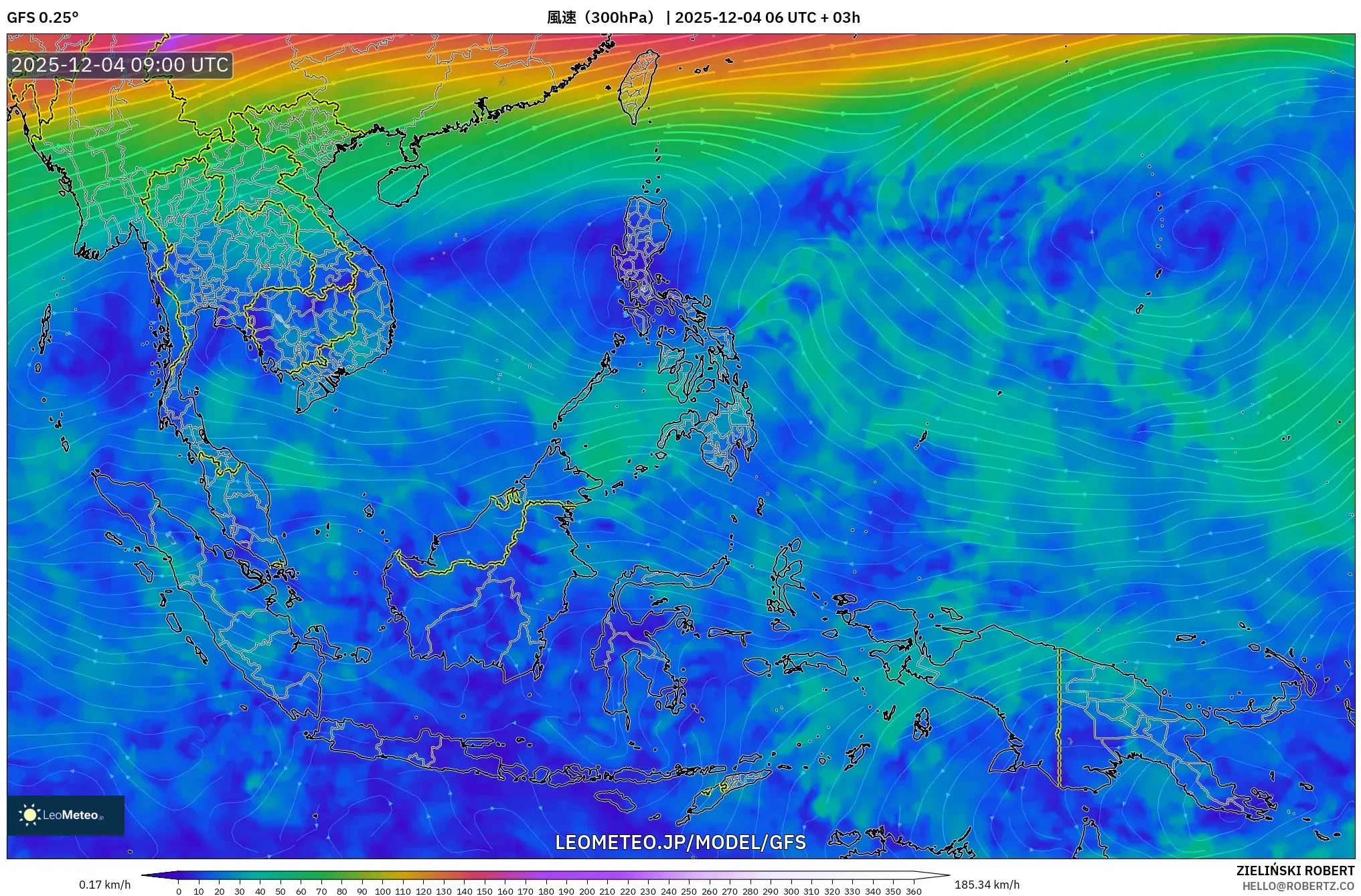 GFS model - 東南アジア, 風速（300hPa）