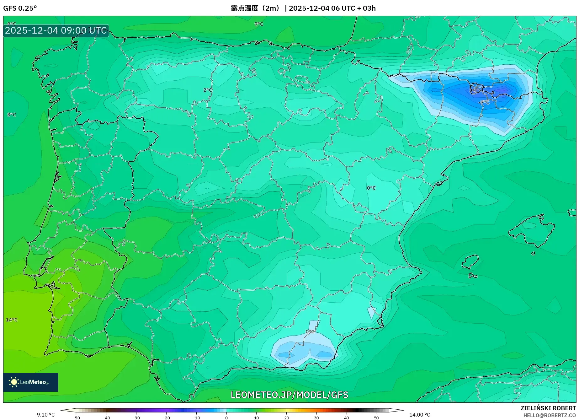 GFS model - スペイン, 露点温度（2m）