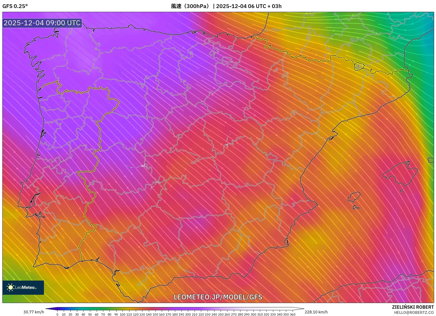 GFS model - スペイン, 風速（300hPa）