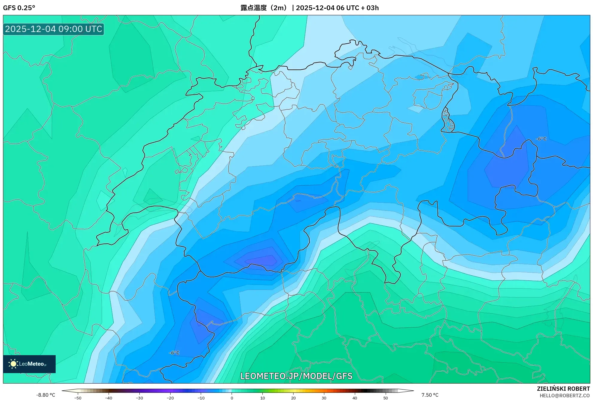 GFS model - スイス, 露点温度（2m）