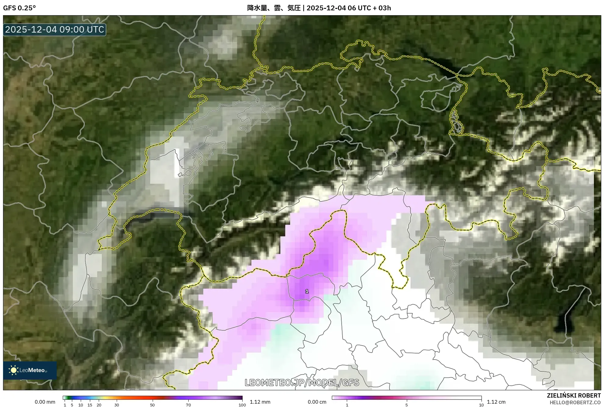 GFS model - スイス, 降水量、雲、気圧