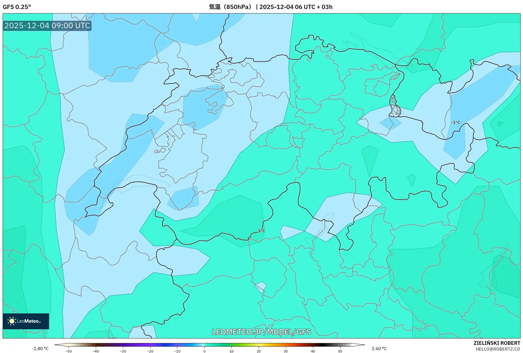 GFS model - スイス, 気温（850hPa）