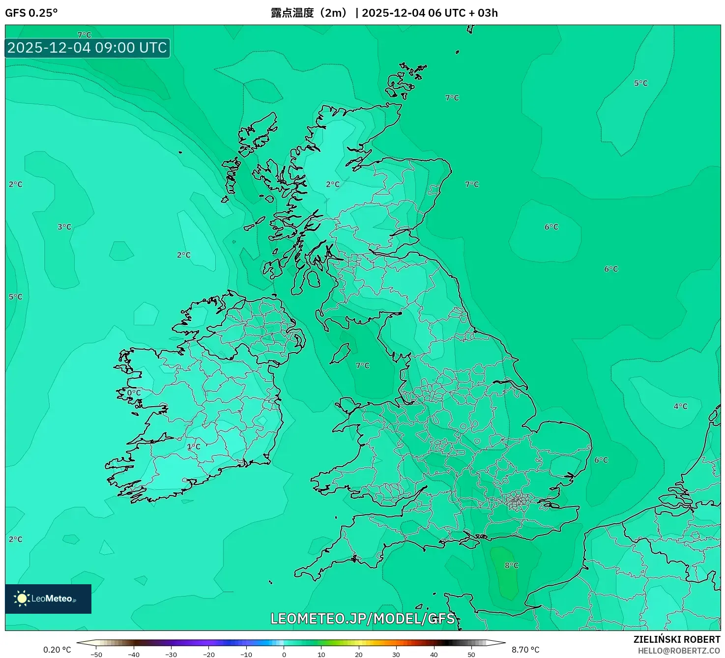 GFS model - イギリス, 露点温度（2m）