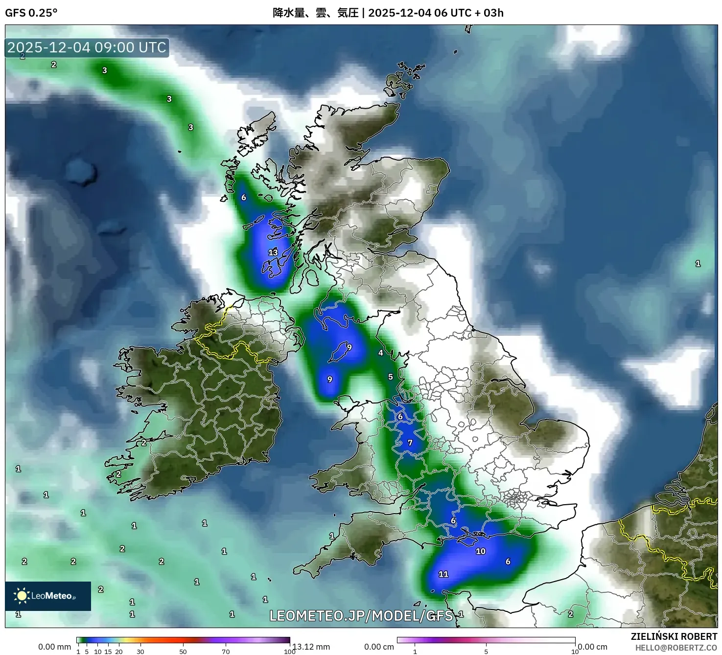 GFS model - イギリス, 降水量、雲、気圧