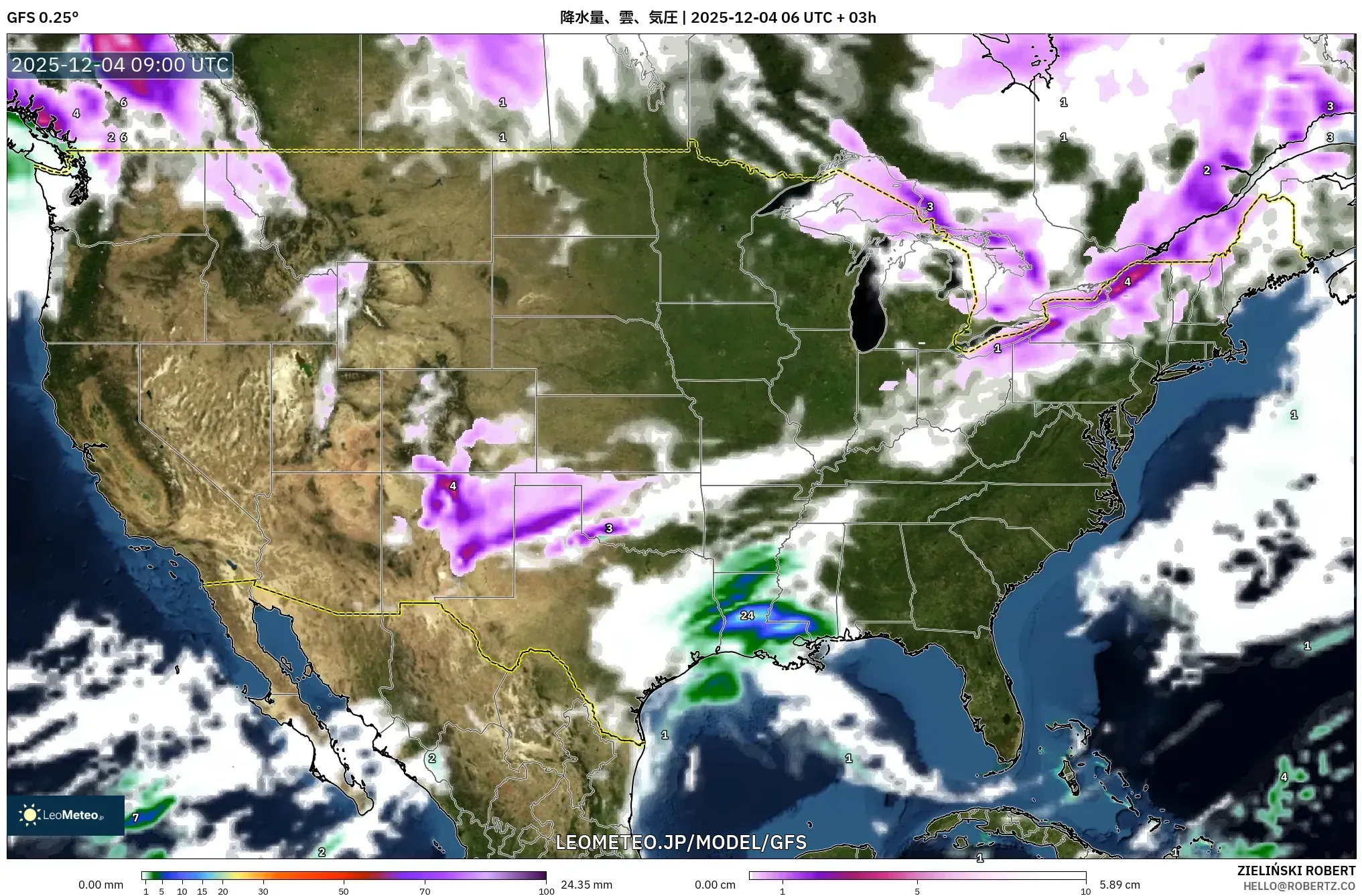 GFS model - アメリカ合衆国, 降水量、雲、気圧