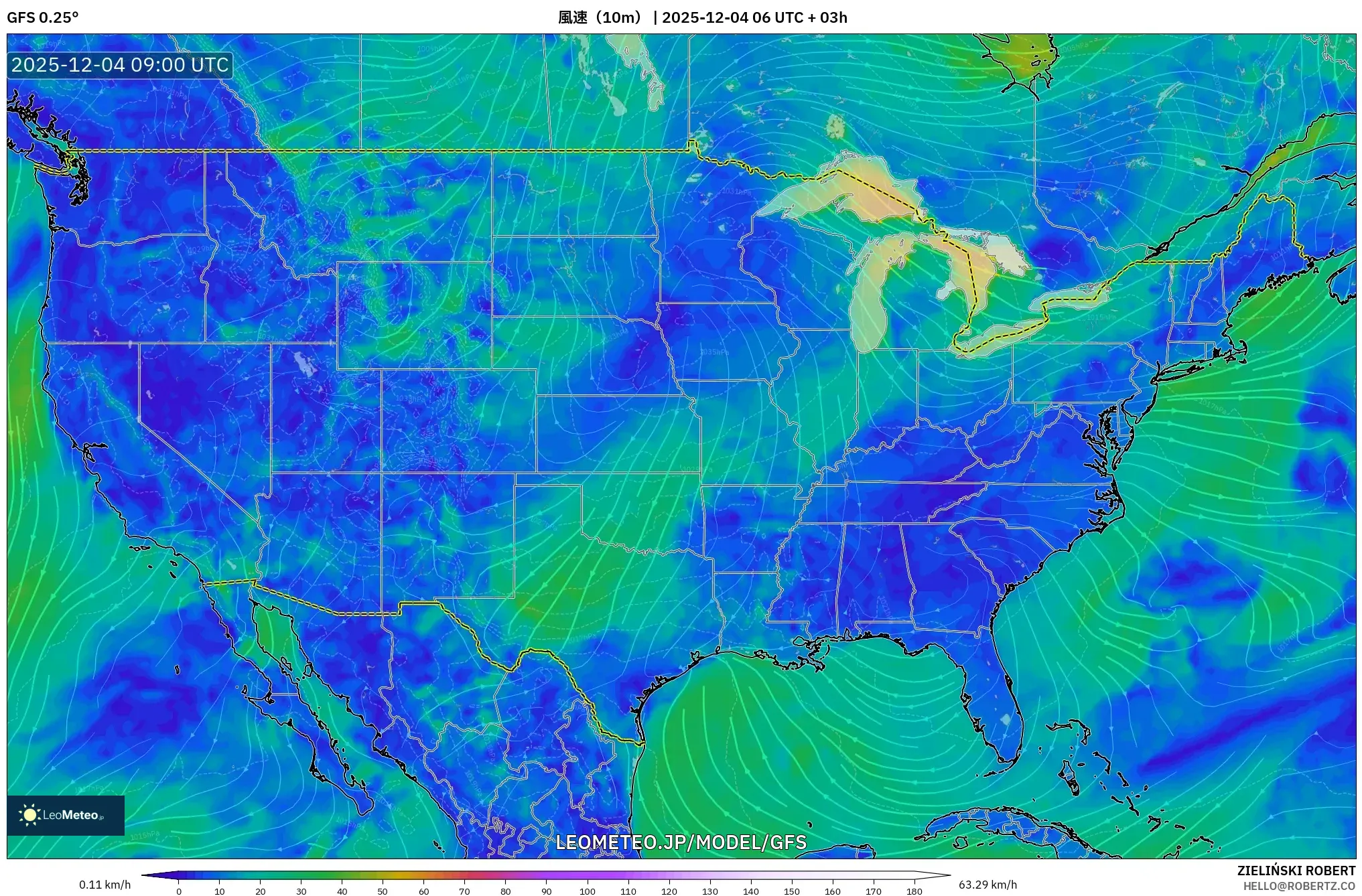 GFS model - アメリカ合衆国, 風速（10m）
