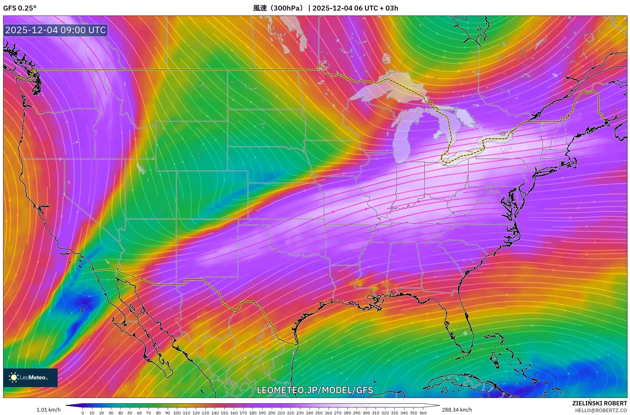 GFS model - アメリカ合衆国, 風速（300hPa）