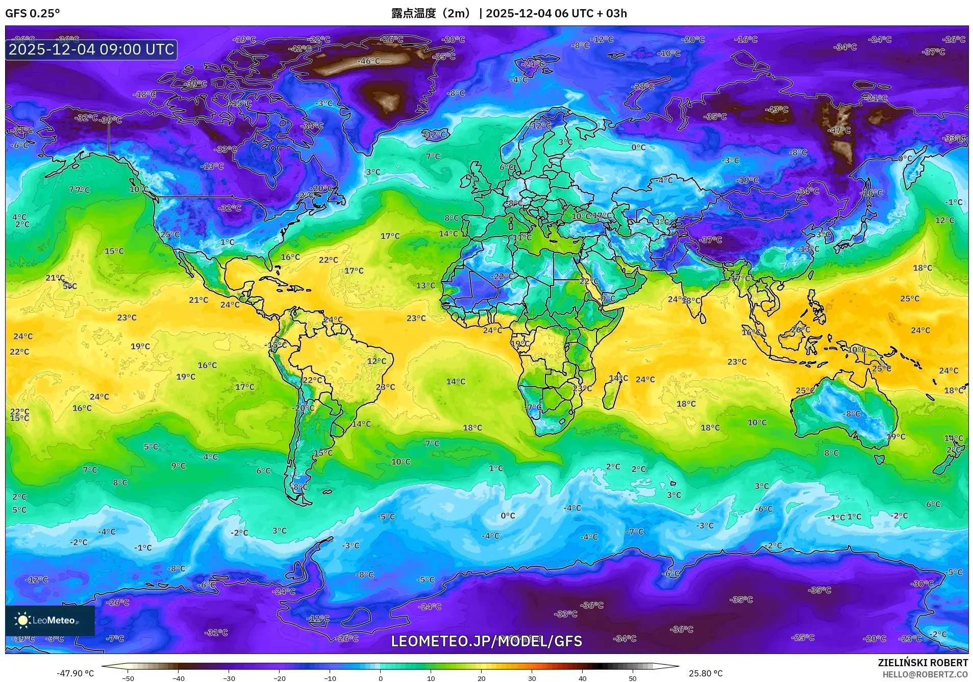GFS model - 世界, 露点温度（2m）