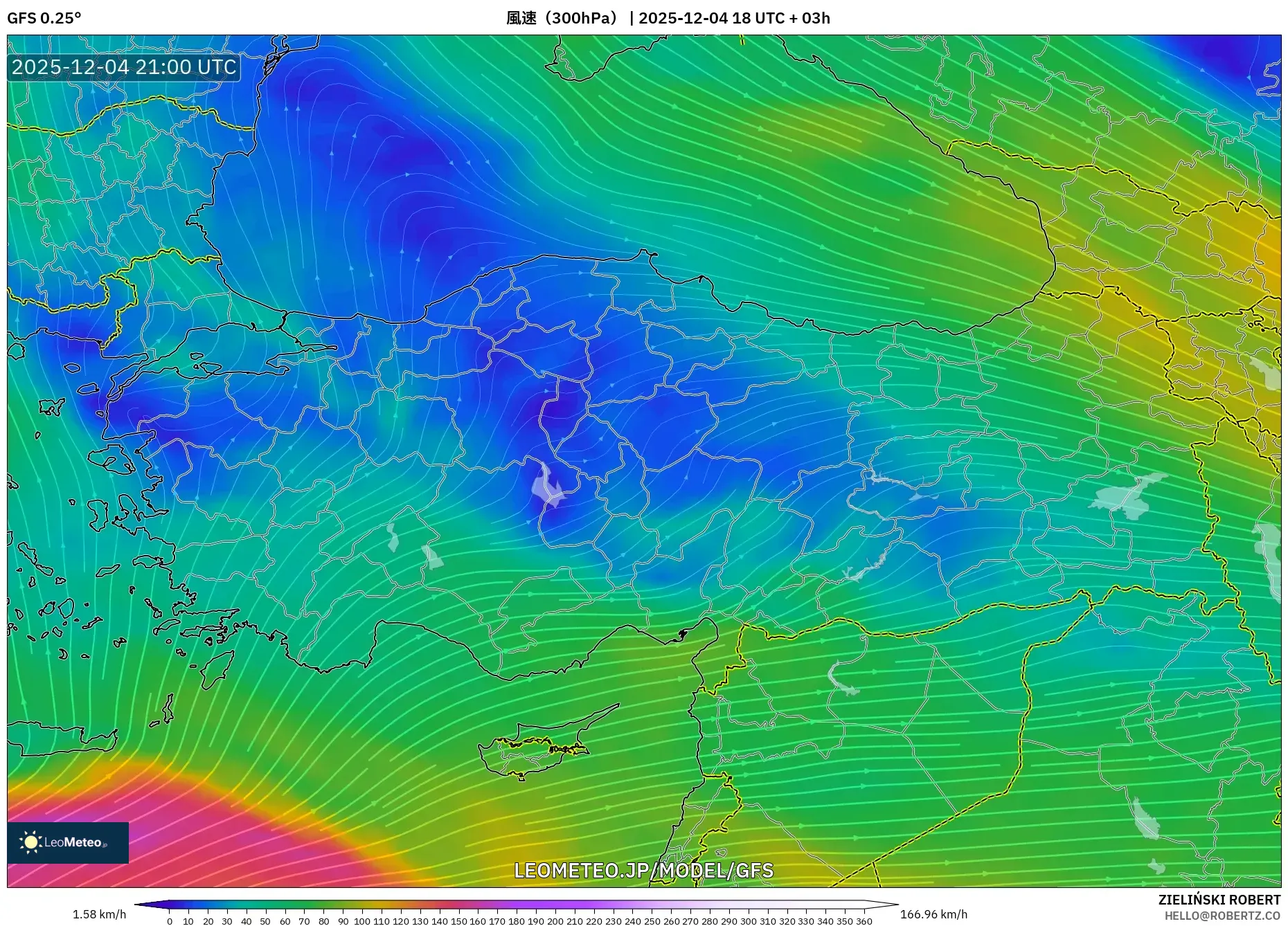 GFS model - トルコ, 風速（300hPa）