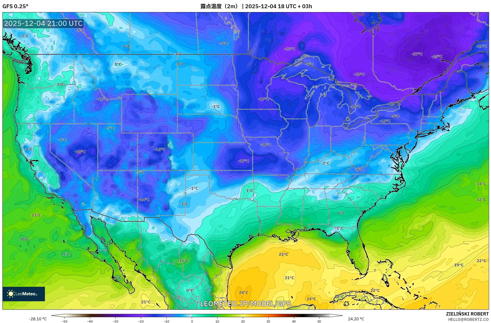 GFS model - アメリカ合衆国, 露点温度（2m）