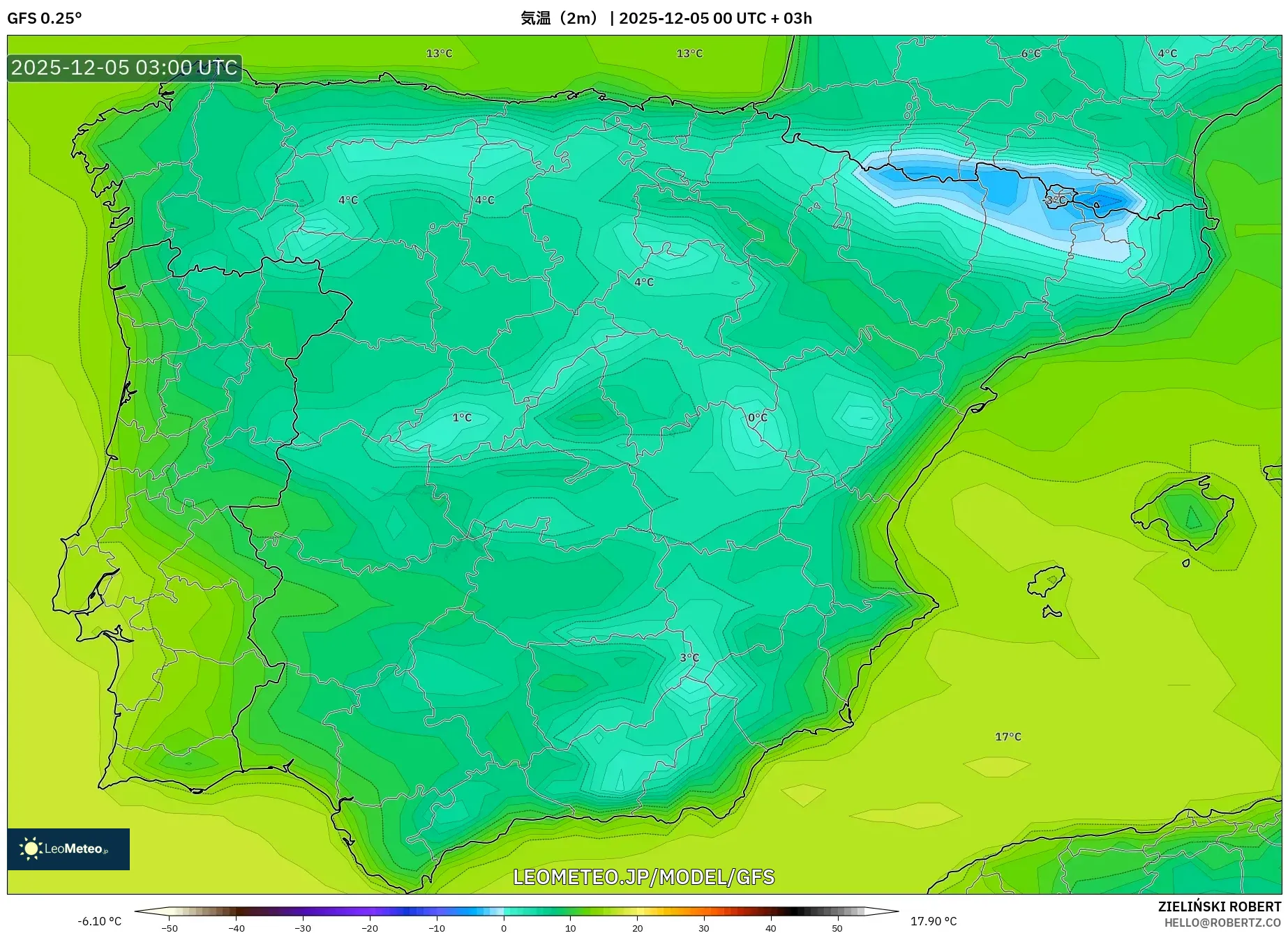GFS model - スペイン, 気温（2m）