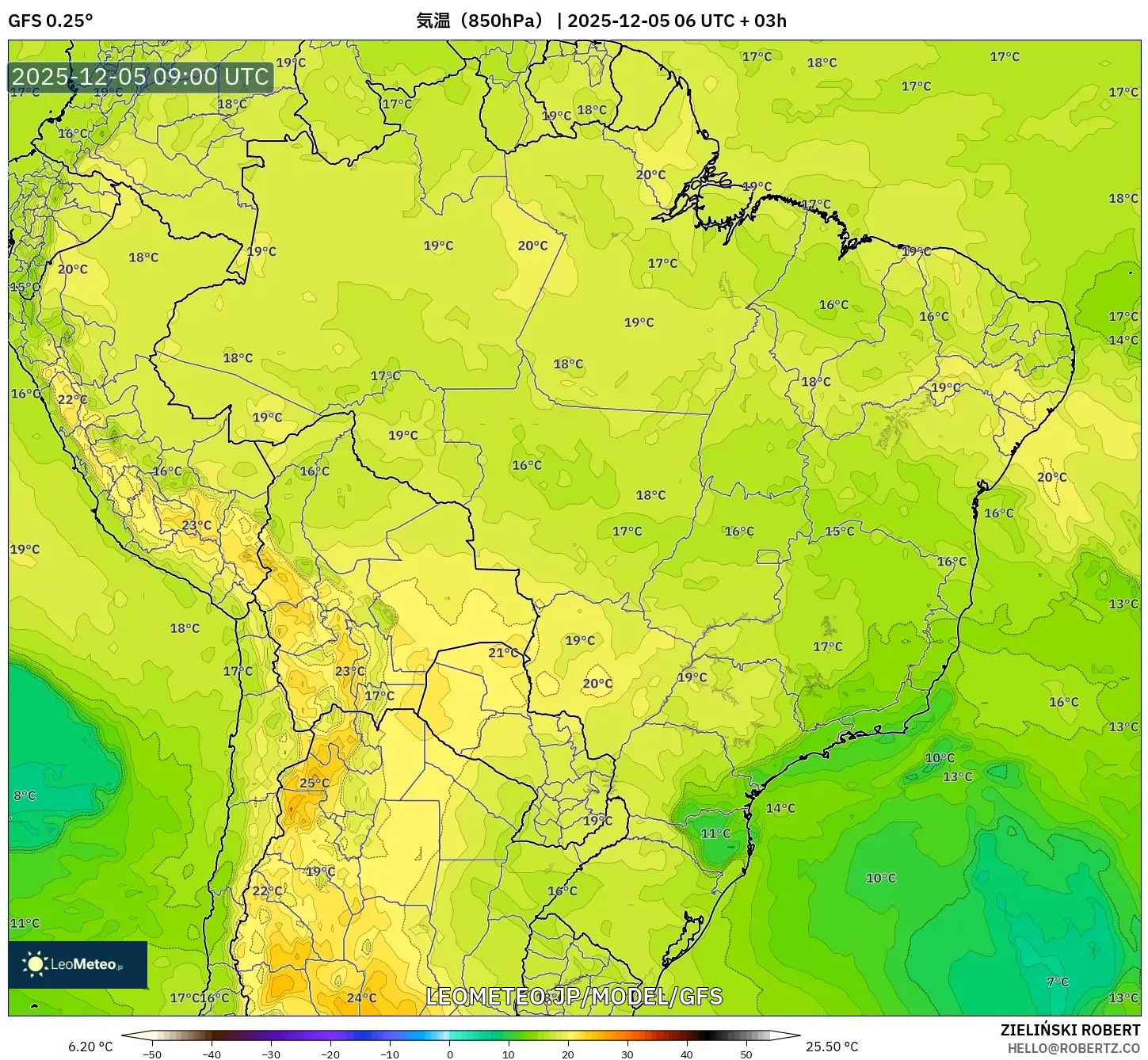 GFS model - ブラジル, 気温（850hPa）