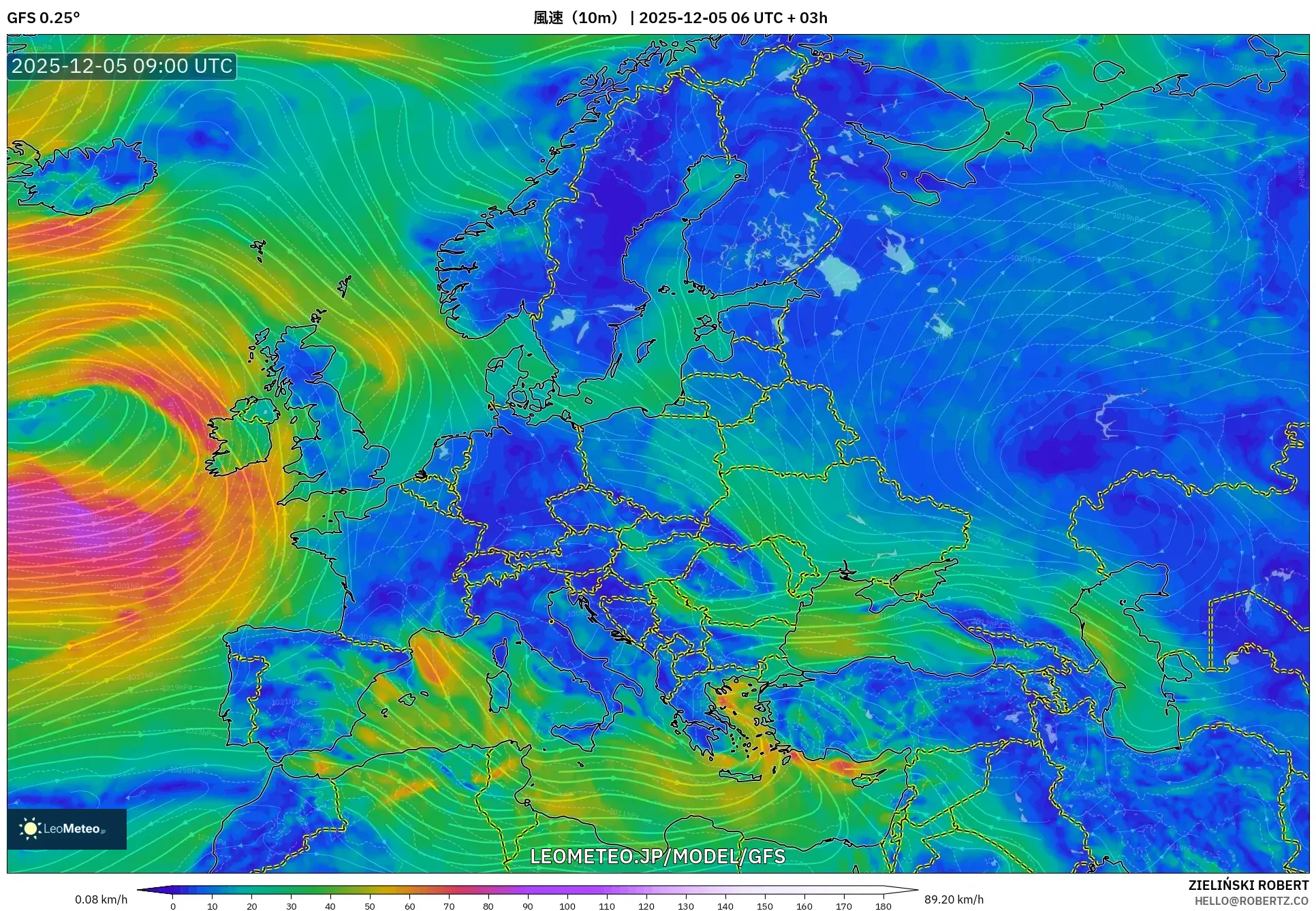 GFS model - ヨーロッパ, 風速（10m）
