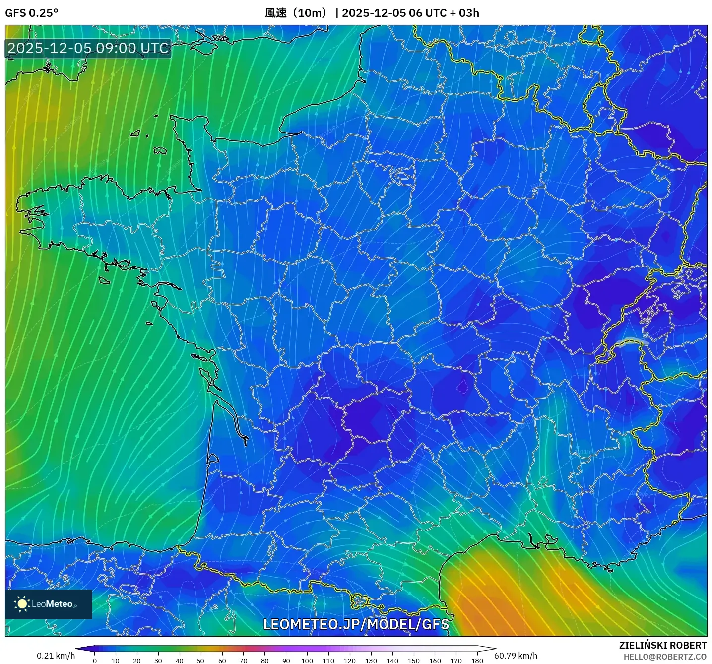 GFS model - フランス, 風速（10m）