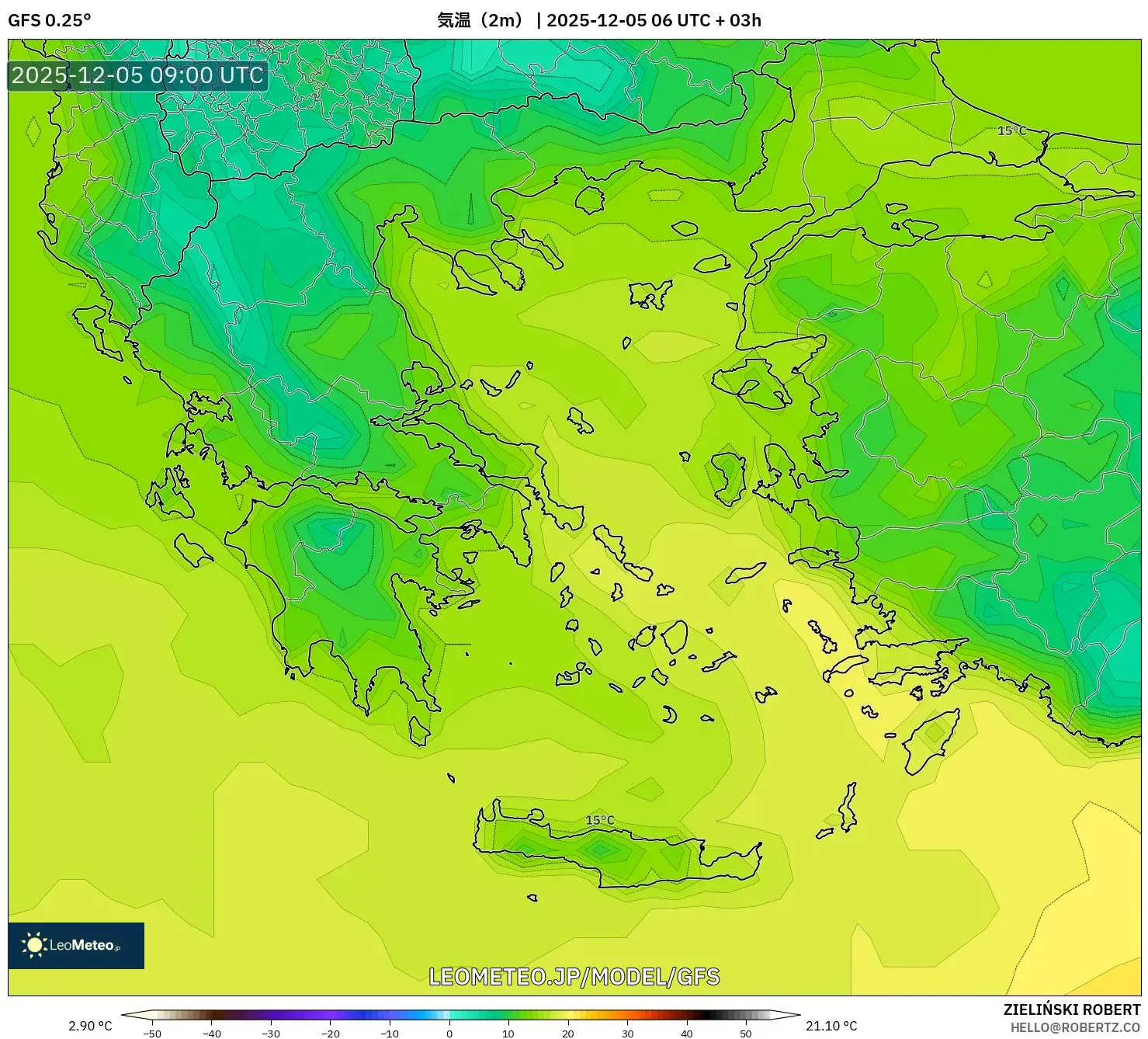 GFS model - ギリシャ, 気温（2m）
