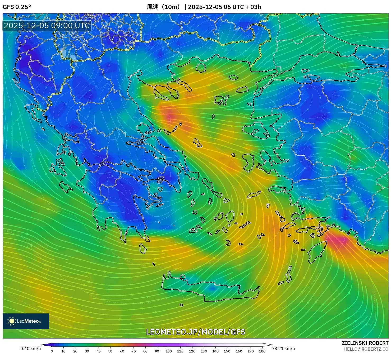 GFS model - ギリシャ, 風速（10m）