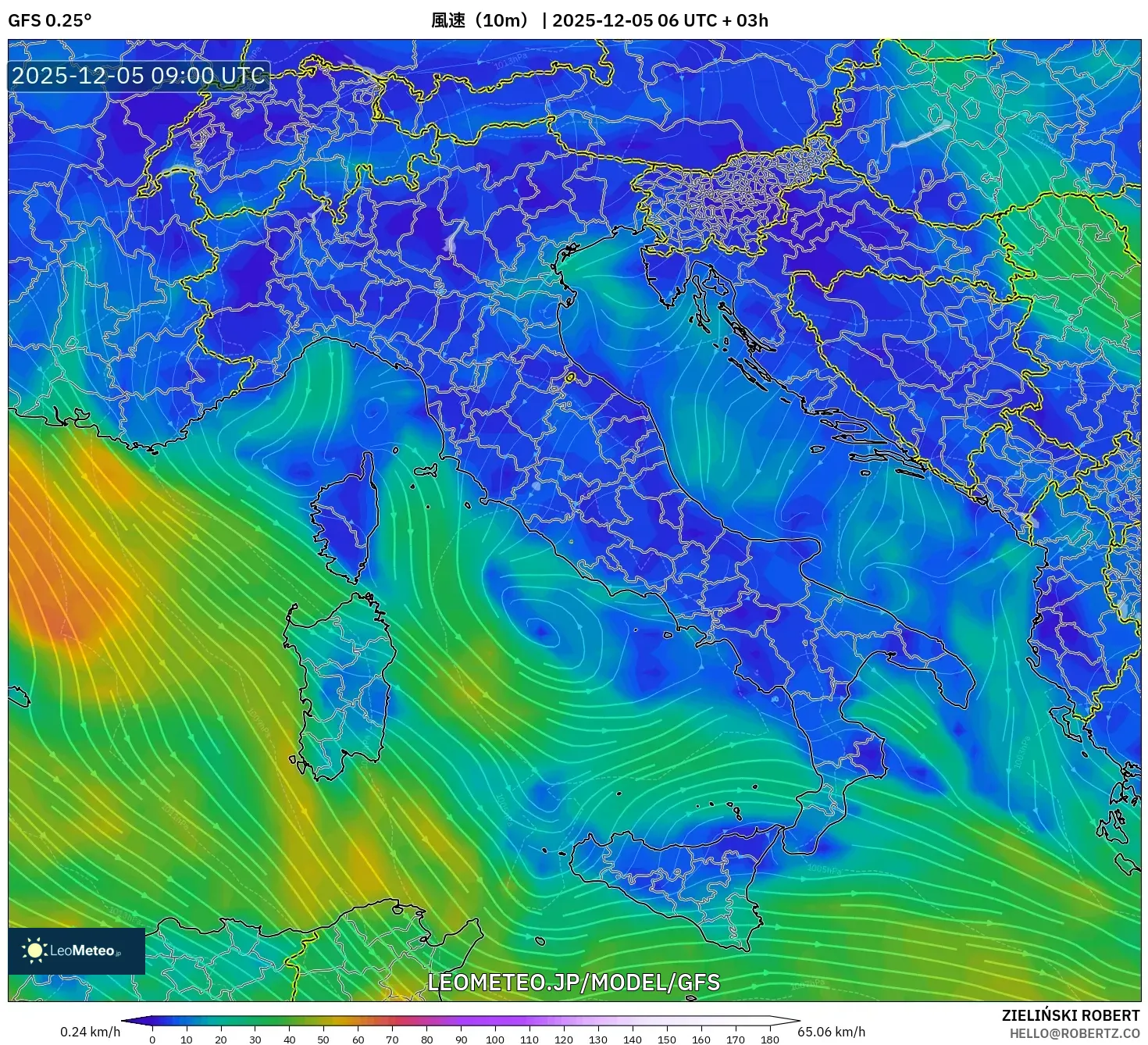 GFS model - イタリア, 風速（10m）