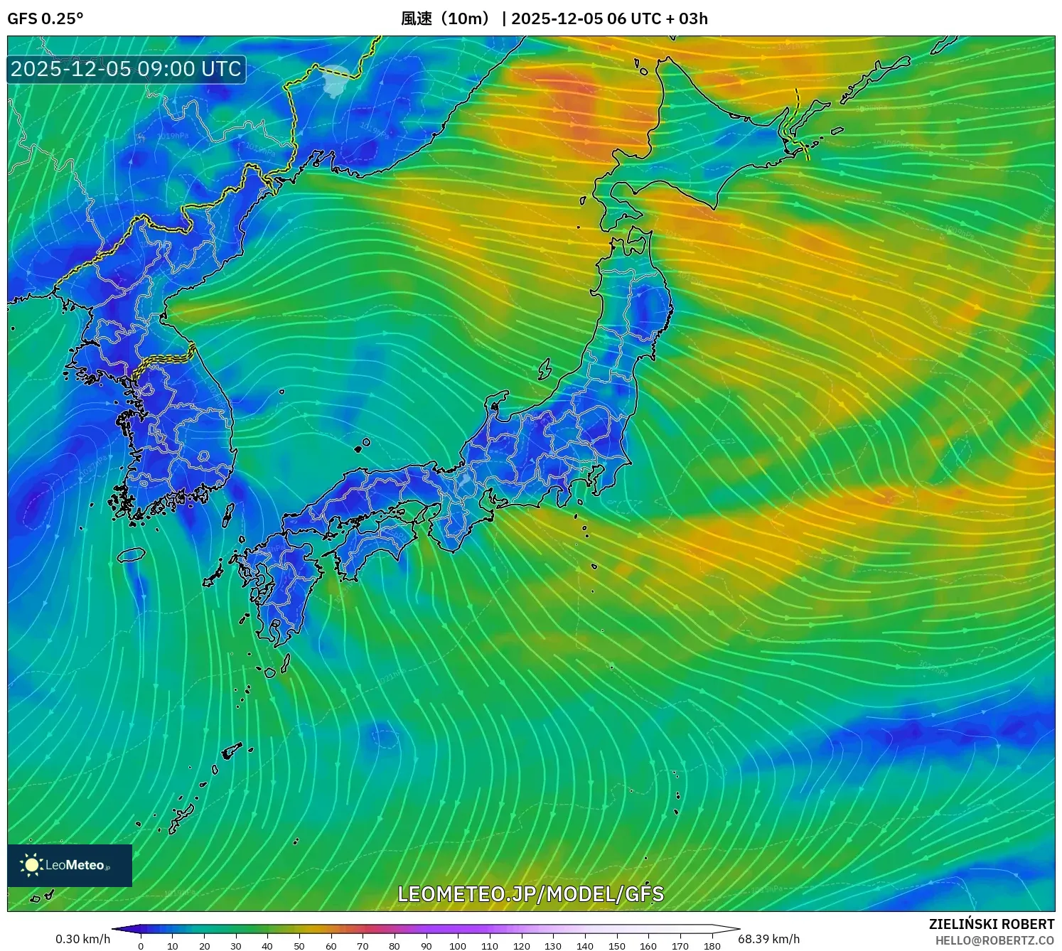 GFS model - 日本, 風速（10m）