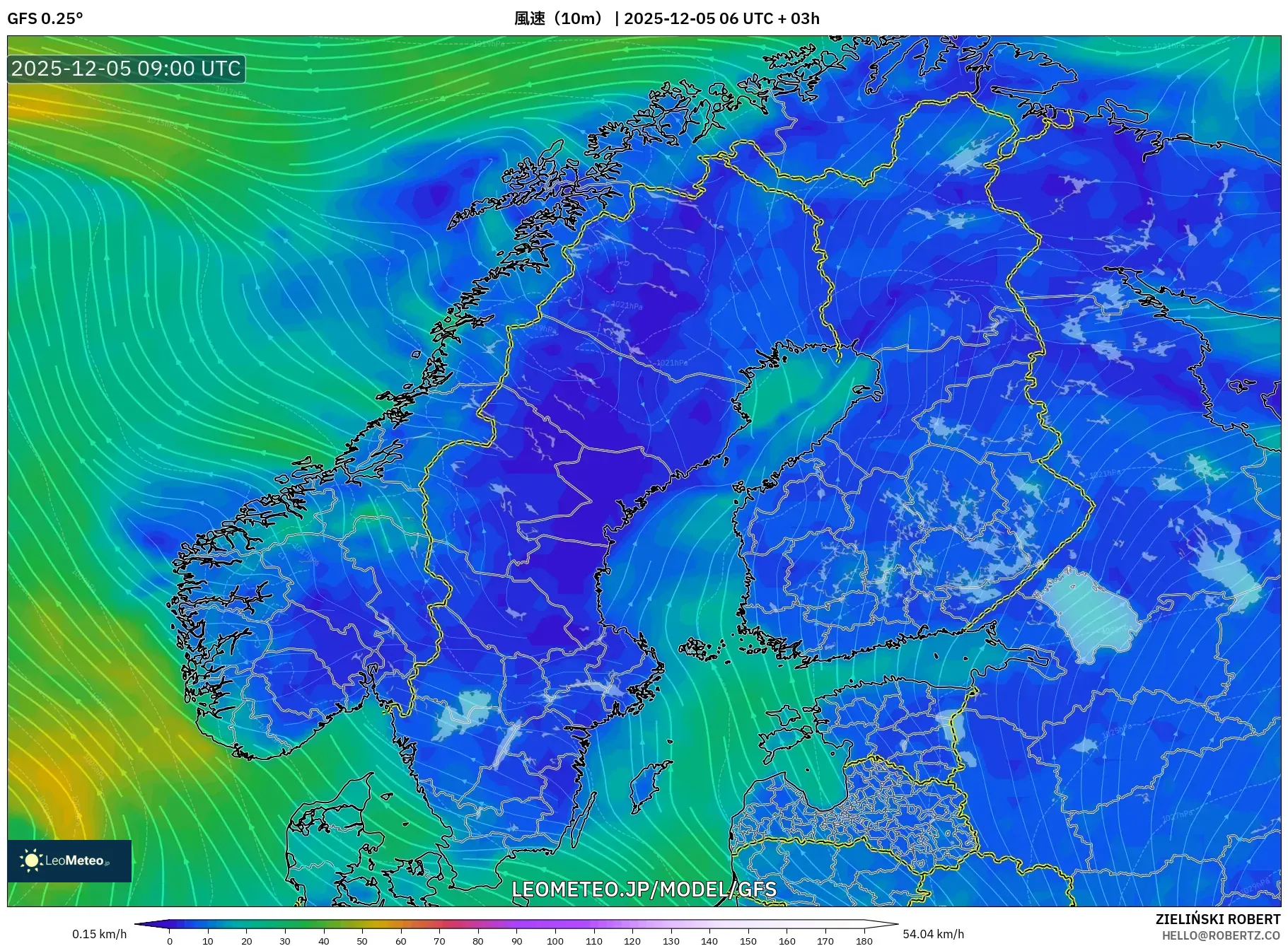 GFS model - スカンジナビア, 風速（10m）