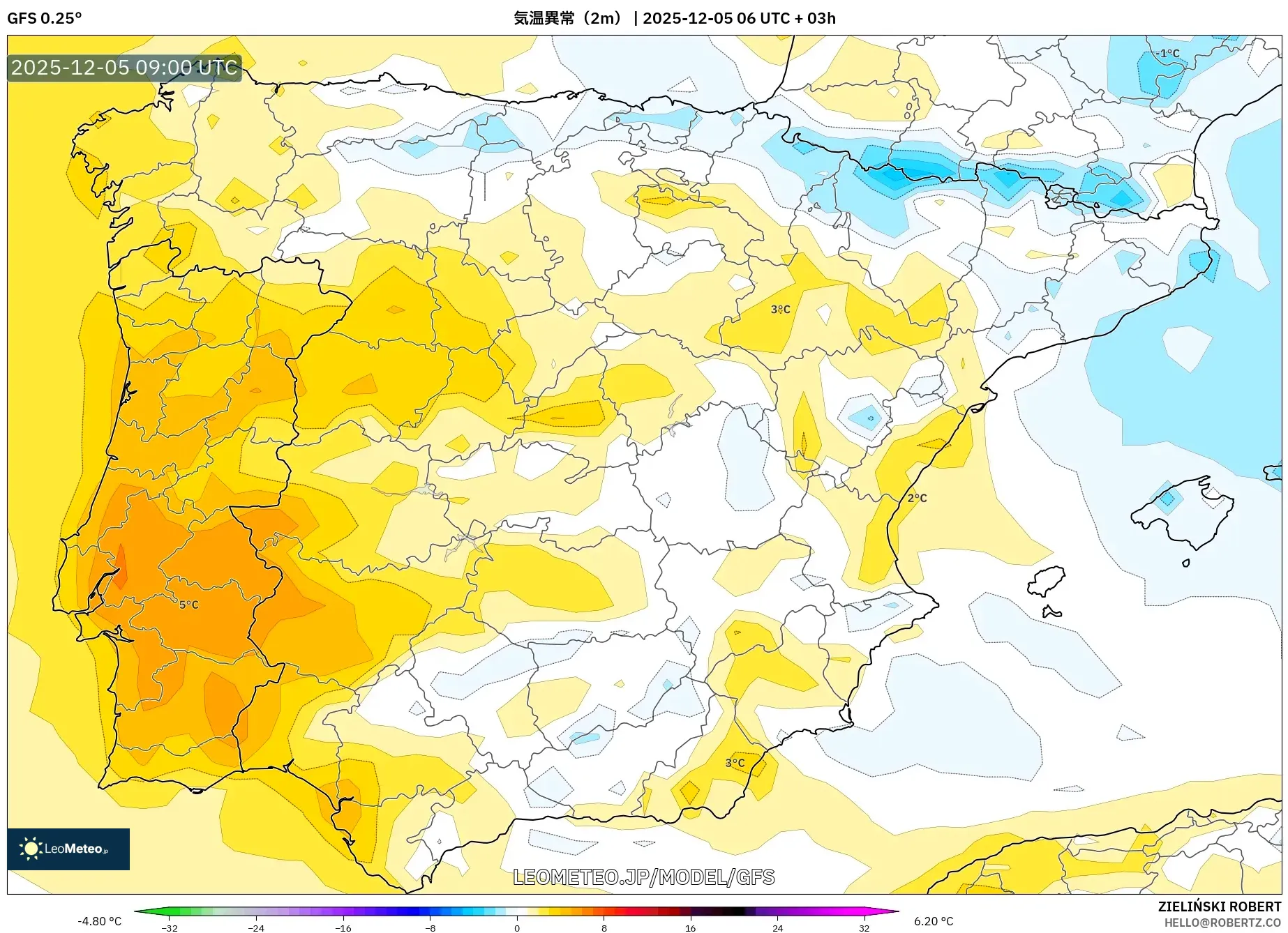 GFS model - スペイン, 気温異常（2m）
