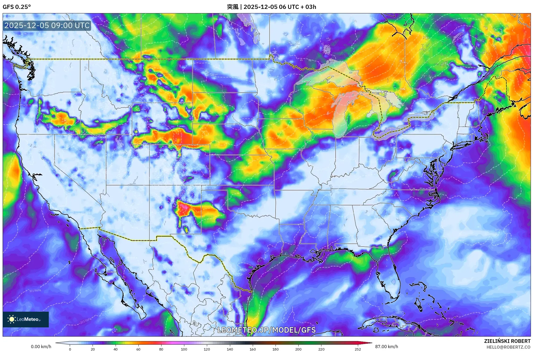 GFS model - アメリカ合衆国, 突風