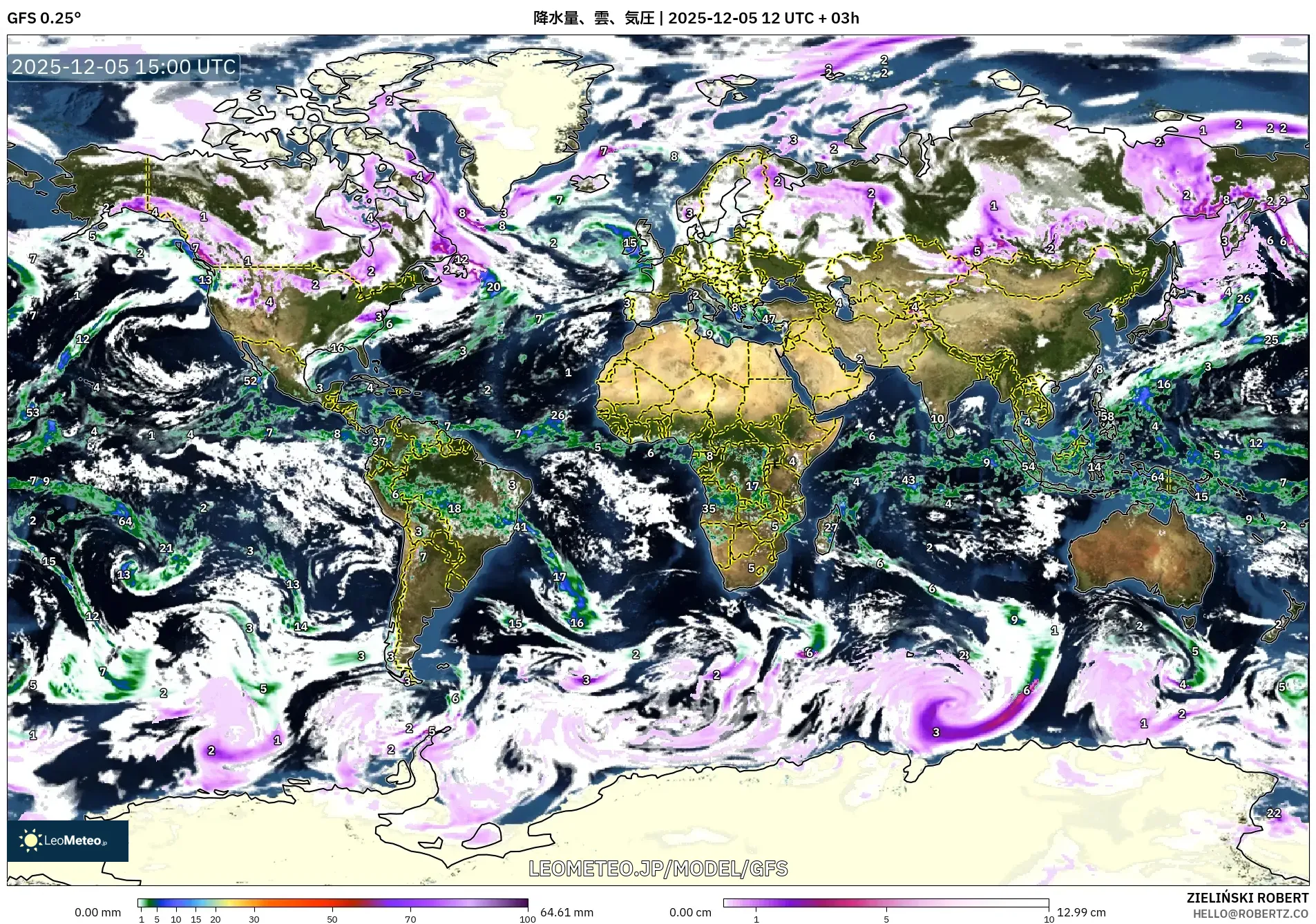 GFS model - 世界, 降水量、雲、気圧