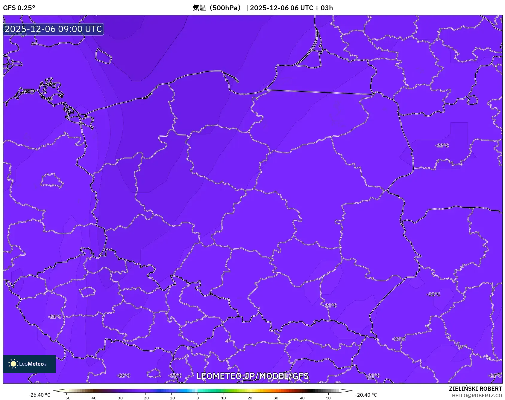 GFS model - ポーランド, 気温（500hPa）