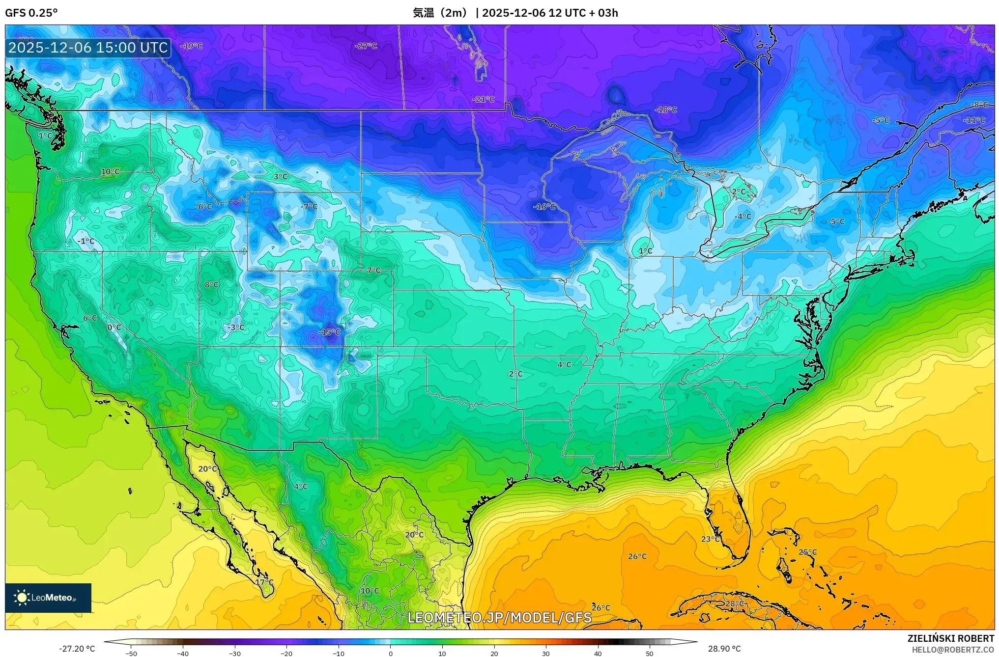 GFS model - アメリカ合衆国, 気温（2m）