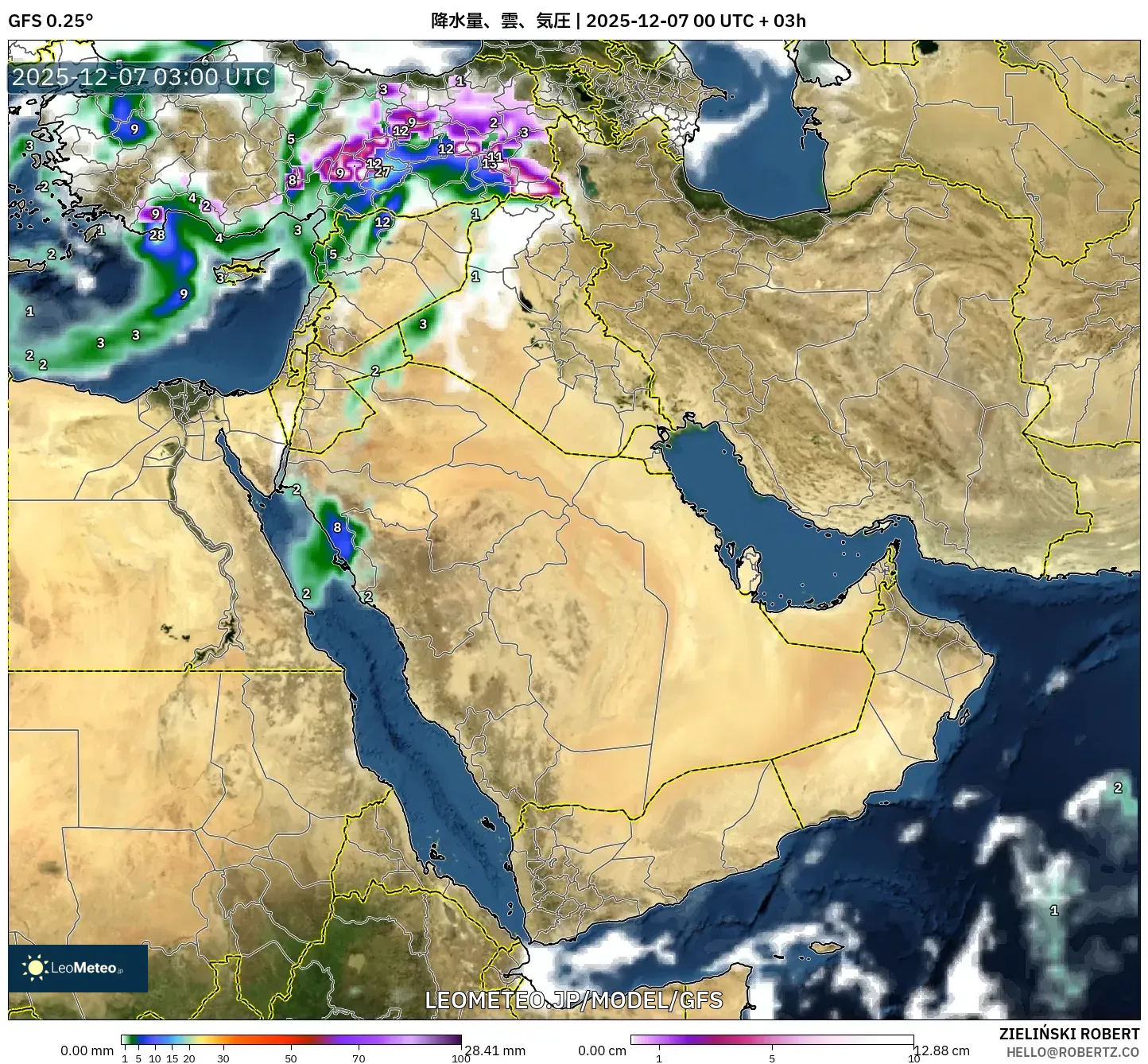GFS model - 中東, 降水量、雲、気圧