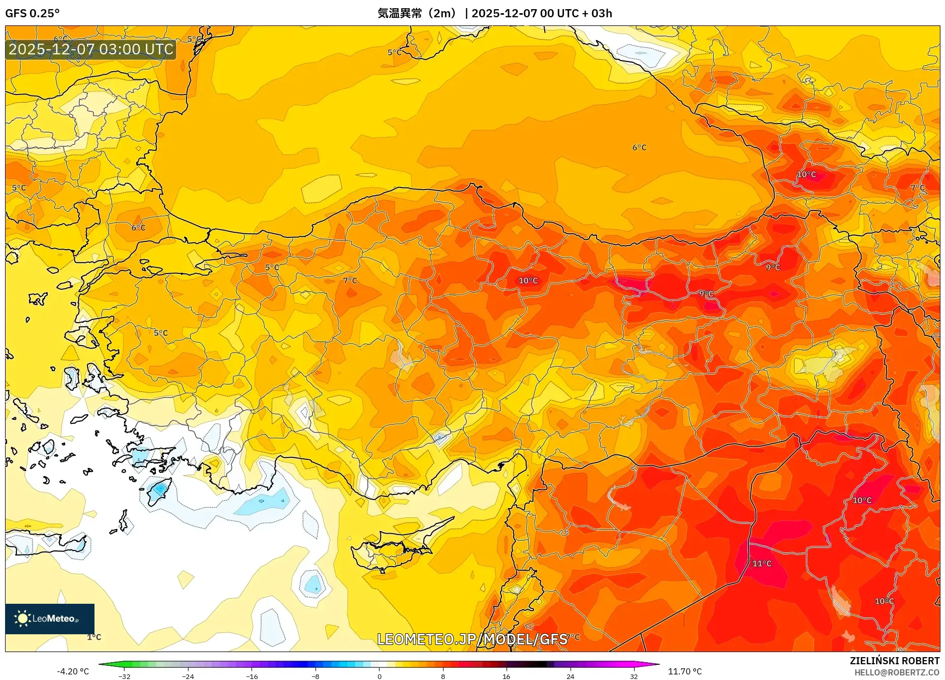 GFS model - トルコ, 気温異常（2m）