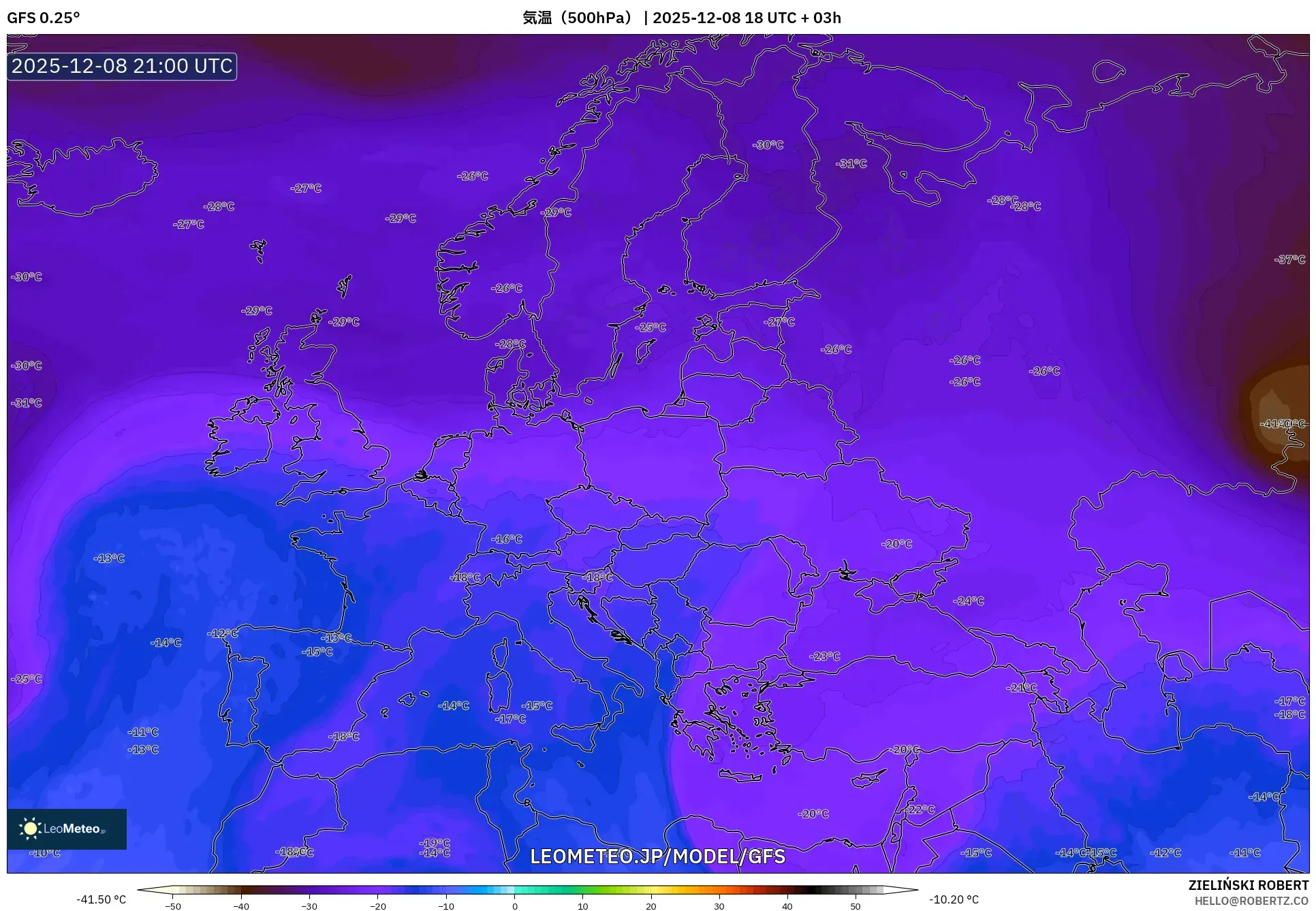 GFS model - ヨーロッパ, 気温（500hPa）