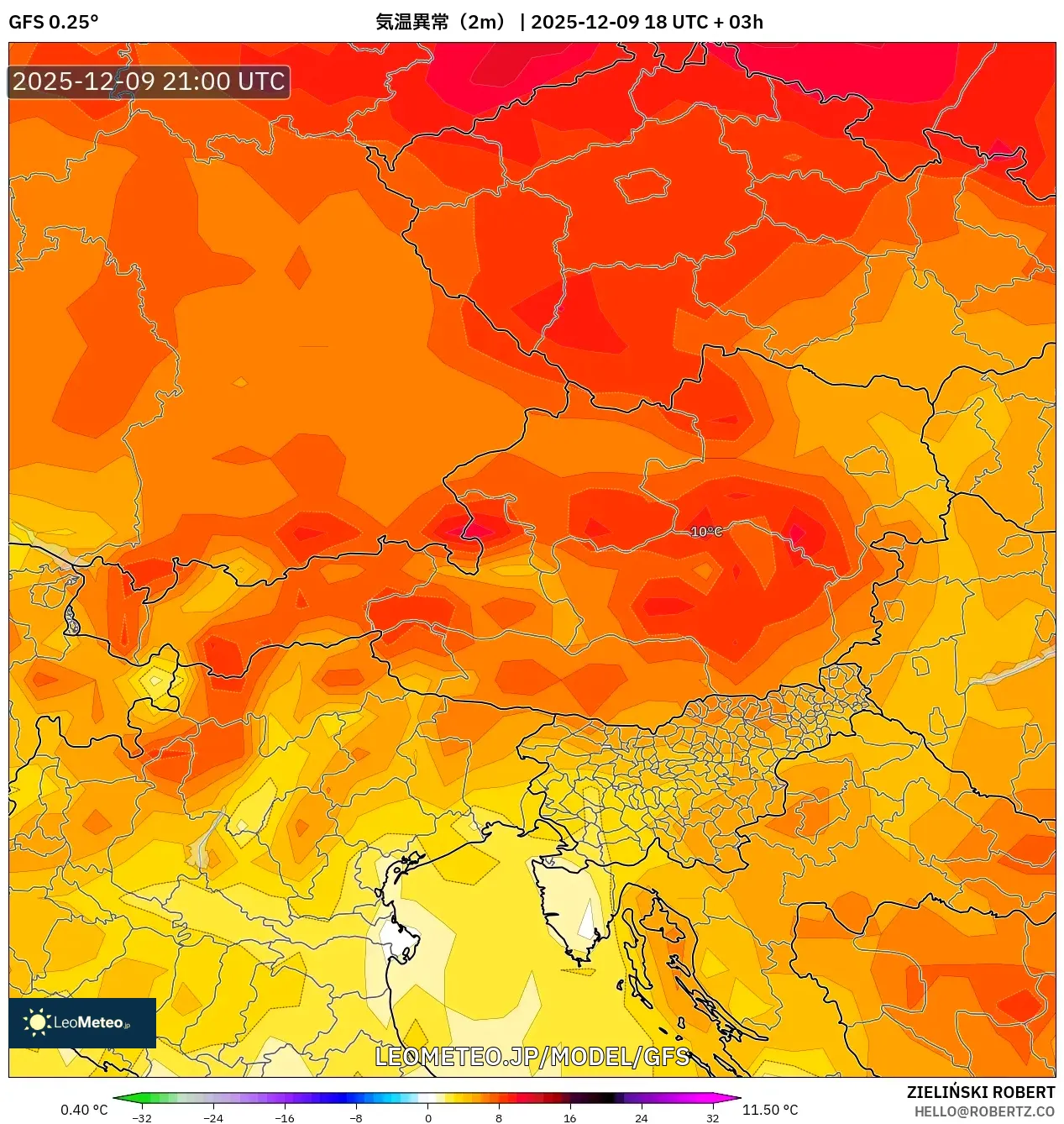 GFS model - オーストリア, 気温異常（2m）