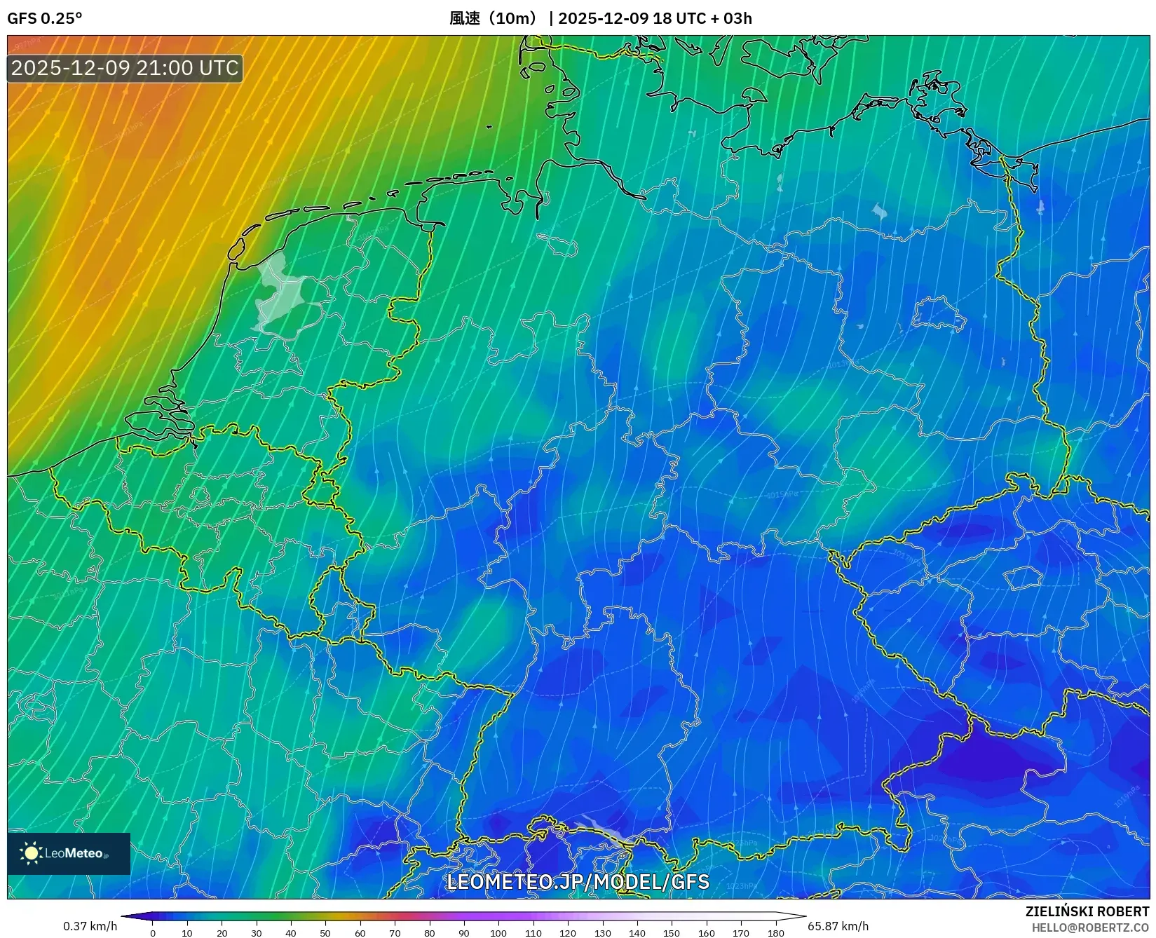GFS model - ドイツ, 風速（10m）